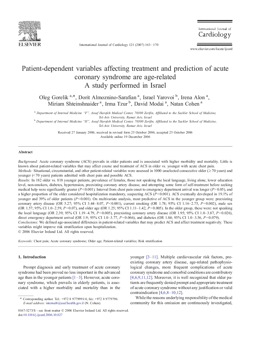 Patient-dependent variables affecting treatment and prediction of acute coronary syndrome are age-related: A study performed in Israel