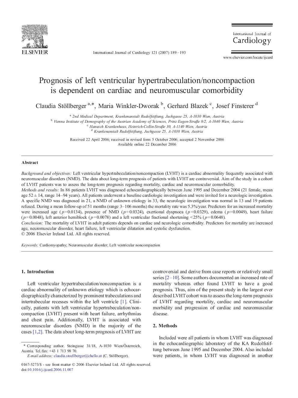 Prognosis of left ventricular hypertrabeculation/noncompaction is dependent on cardiac and neuromuscular comorbidity