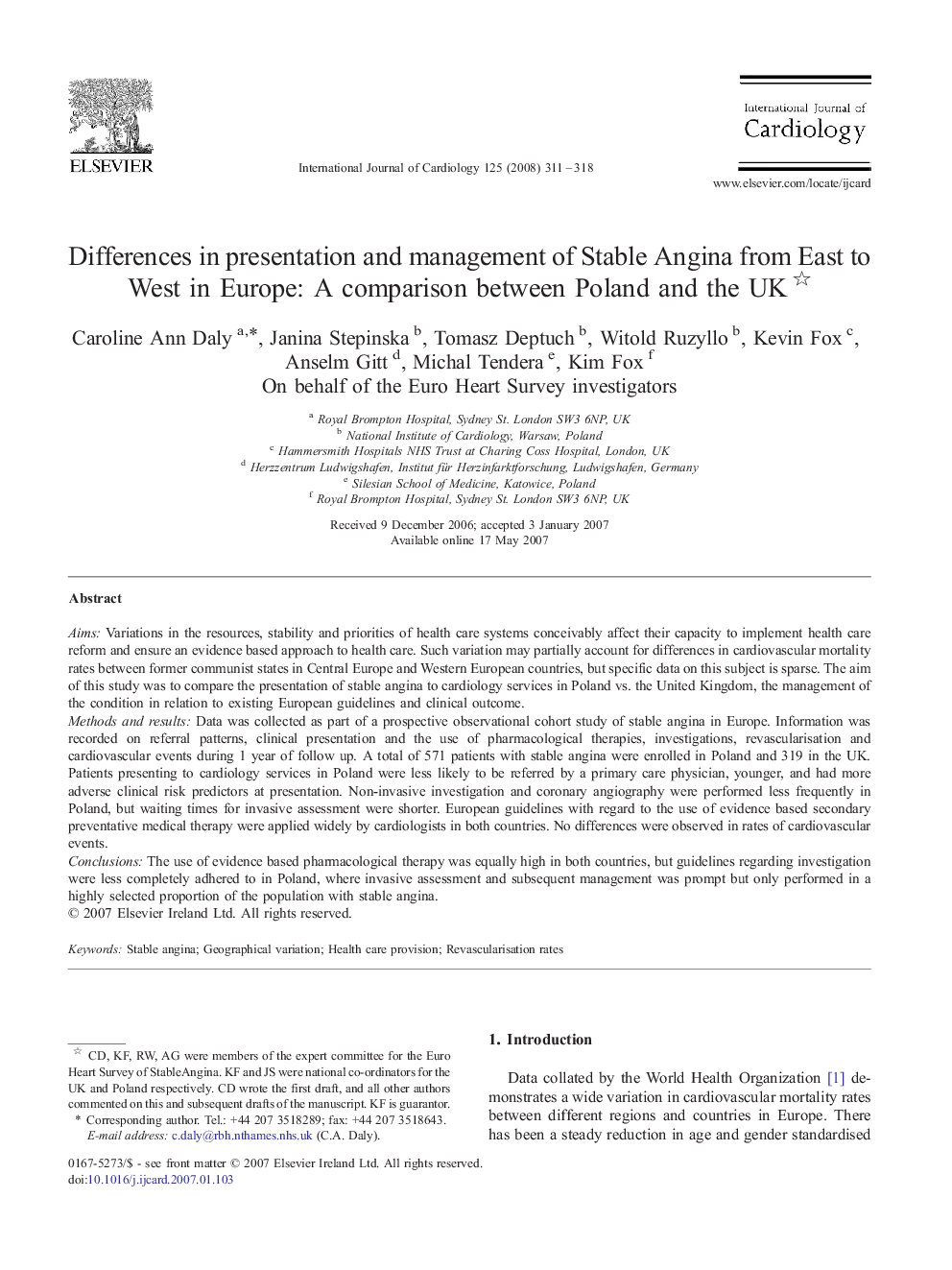 Differences in presentation and management of Stable Angina from East to West in Europe: A comparison between Poland and the UK 