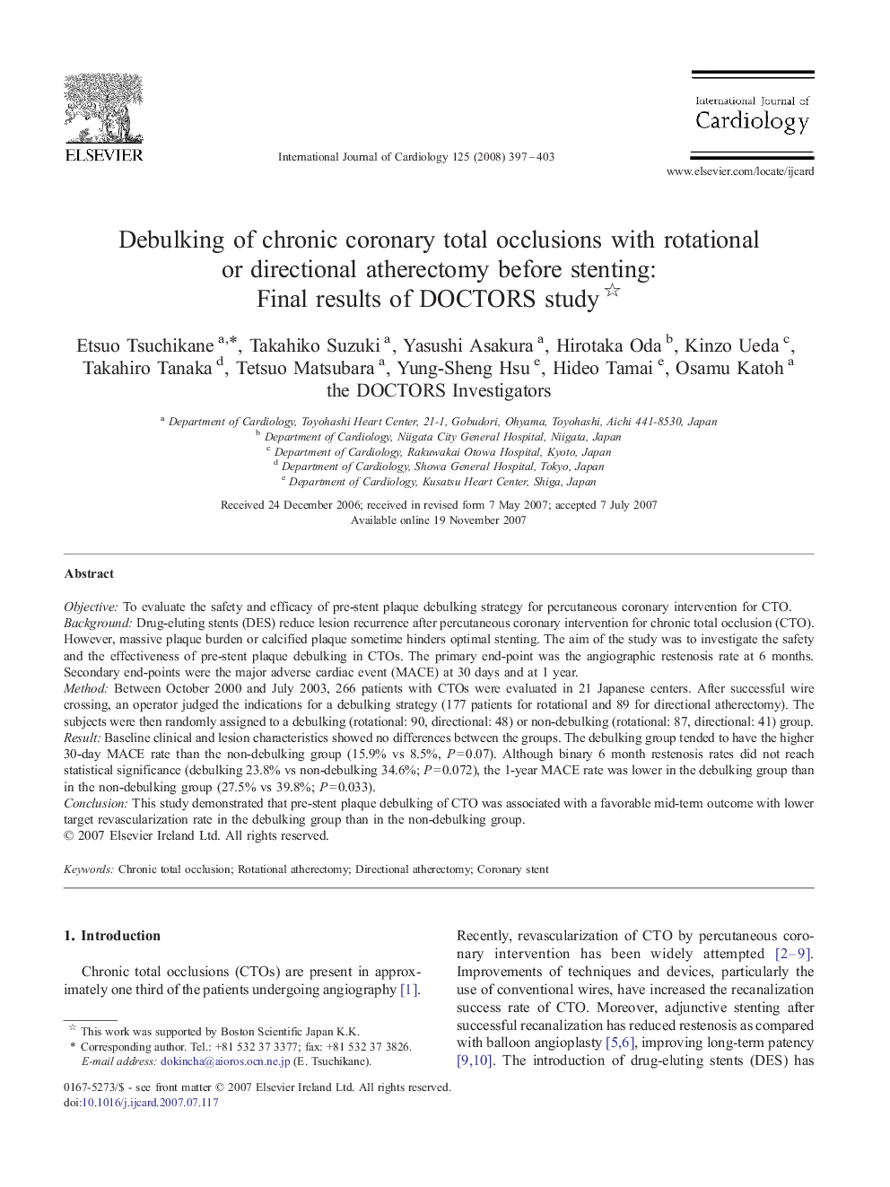 Debulking of chronic coronary total occlusions with rotational or directional atherectomy before stenting: Final results of DOCTORS study