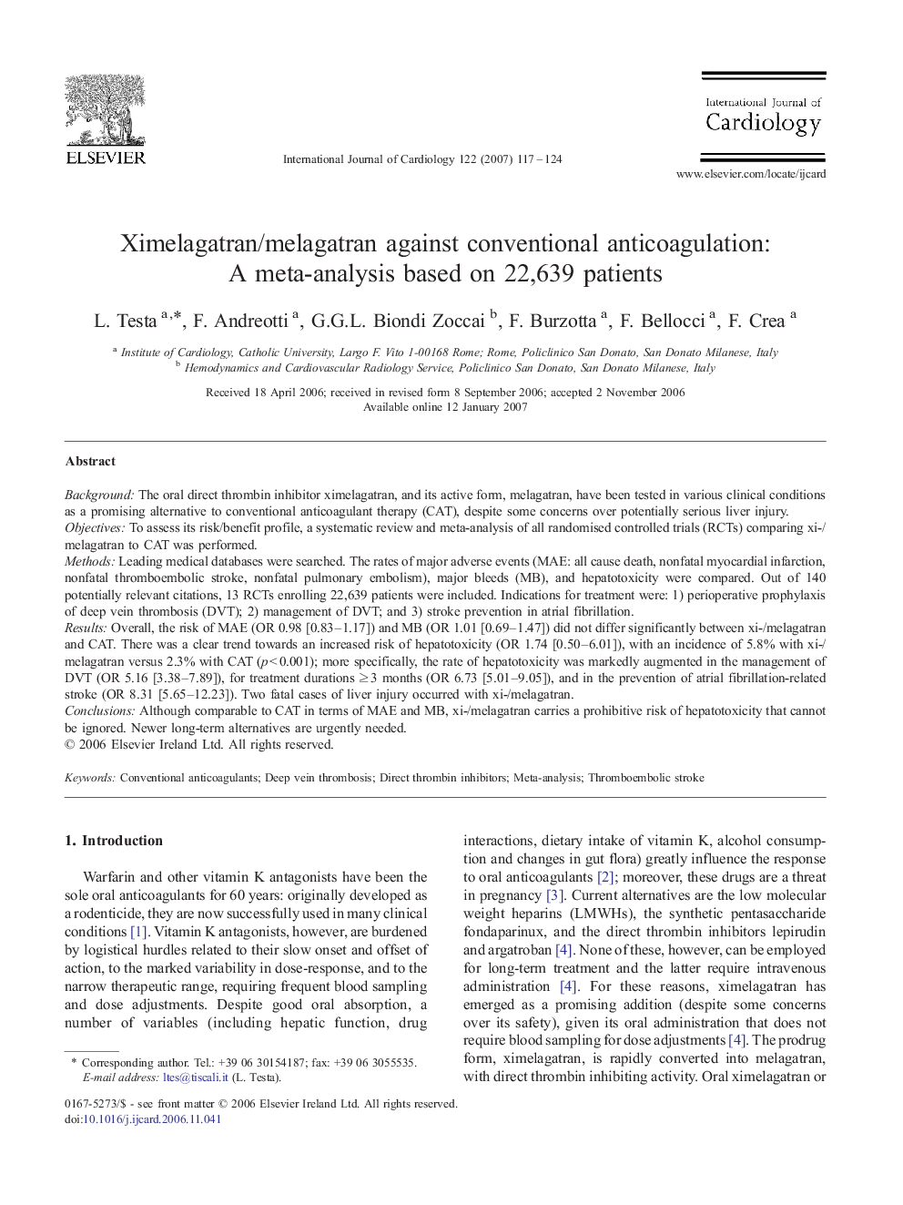 Ximelagatran/melagatran against conventional anticoagulation: A meta-analysis based on 22,639 patients