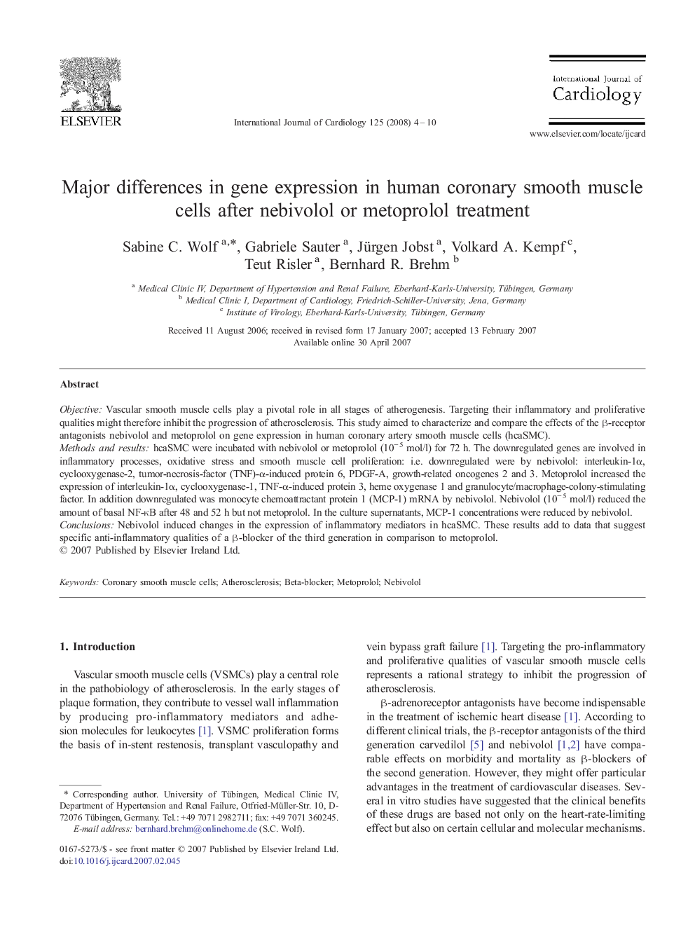 Major differences in gene expression in human coronary smooth muscle cells after nebivolol or metoprolol treatment