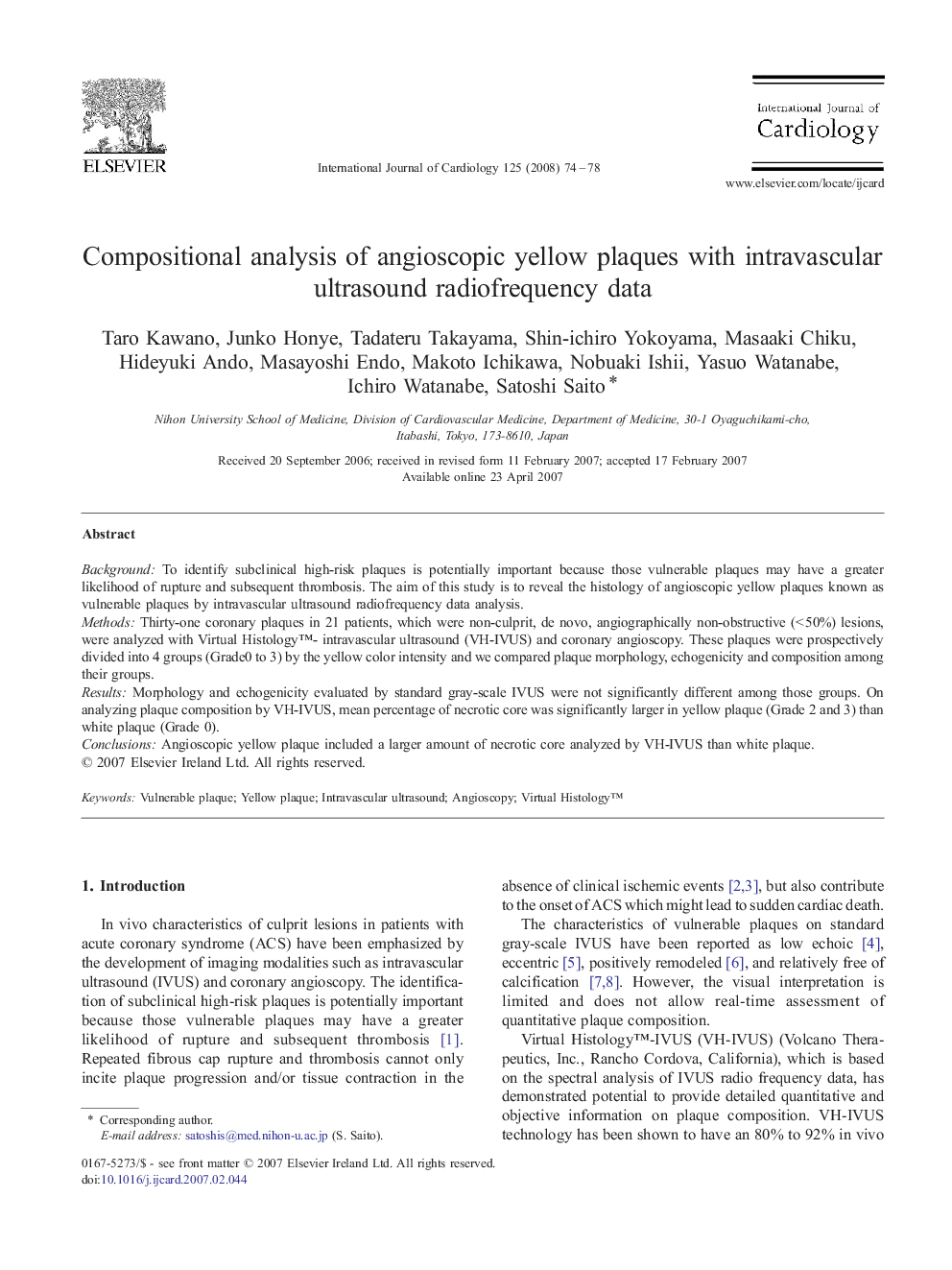 Compositional analysis of angioscopic yellow plaques with intravascular ultrasound radiofrequency data