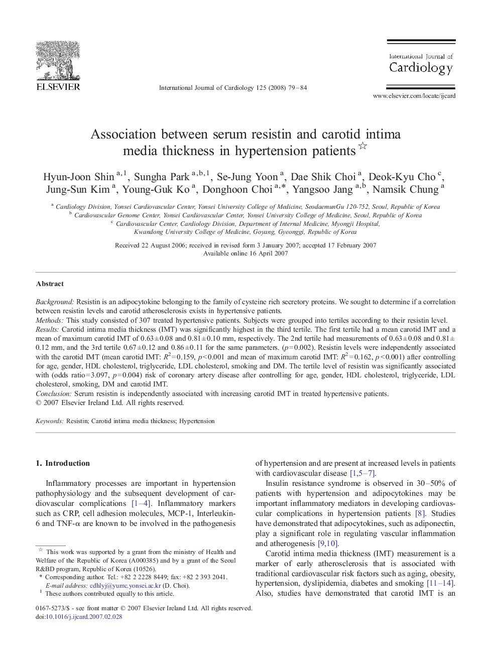 Association between serum resistin and carotid intima media thickness in hypertension patients 