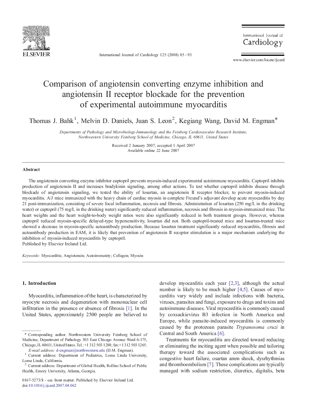 Comparison of angiotensin converting enzyme inhibition and angiotensin II receptor blockade for the prevention of experimental autoimmune myocarditis