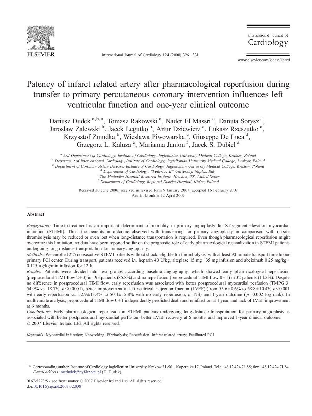 Patency of infarct related artery after pharmacological reperfusion during transfer to primary percutaneous coronary intervention influences left ventricular function and one-year clinical outcome