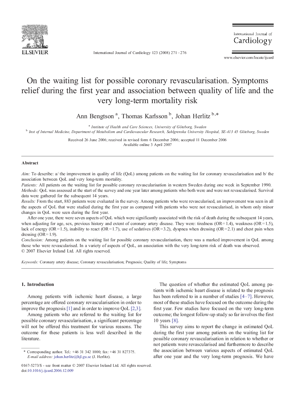 On the waiting list for possible coronary revascularisation. Symptoms relief during the first year and association between quality of life and the very long-term mortality risk