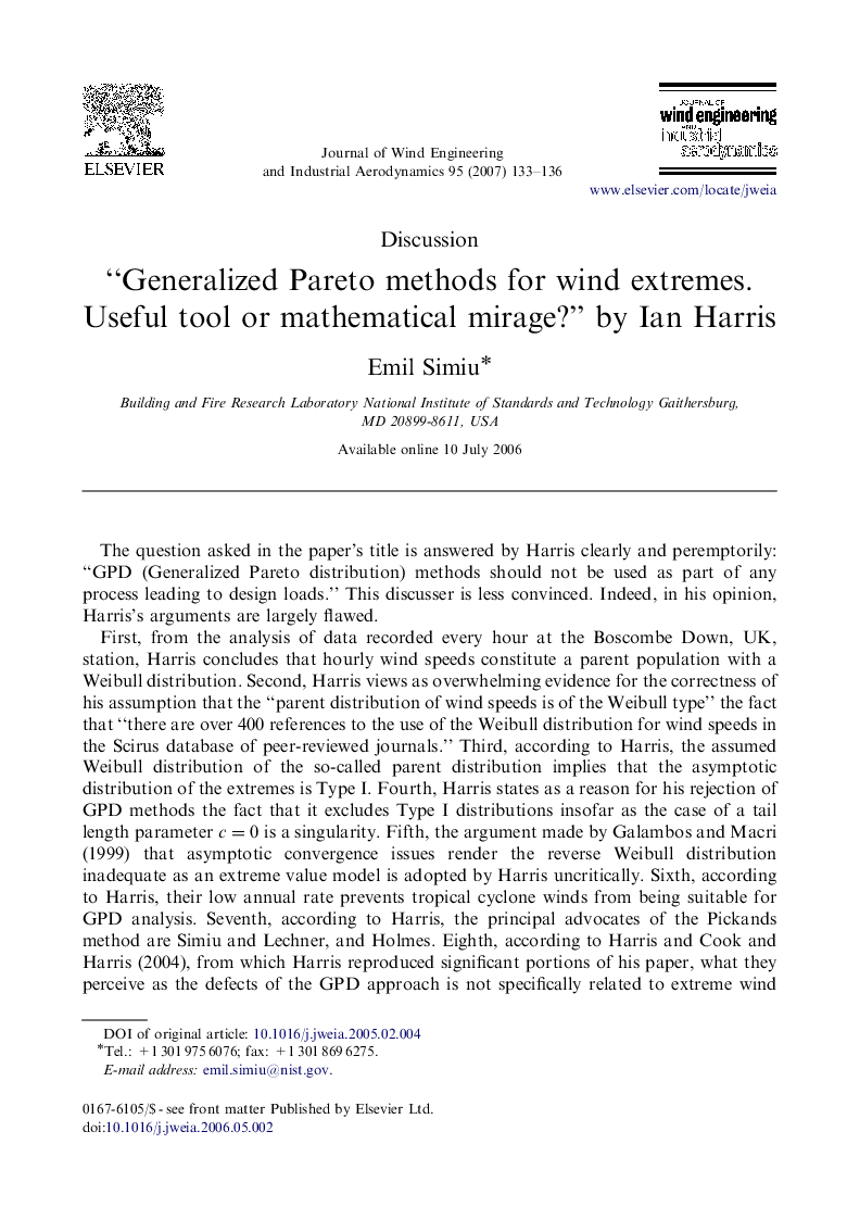 “Generalized Pareto methods for wind extremes. Useful tool or mathematical mirage?” by Ian Harris
