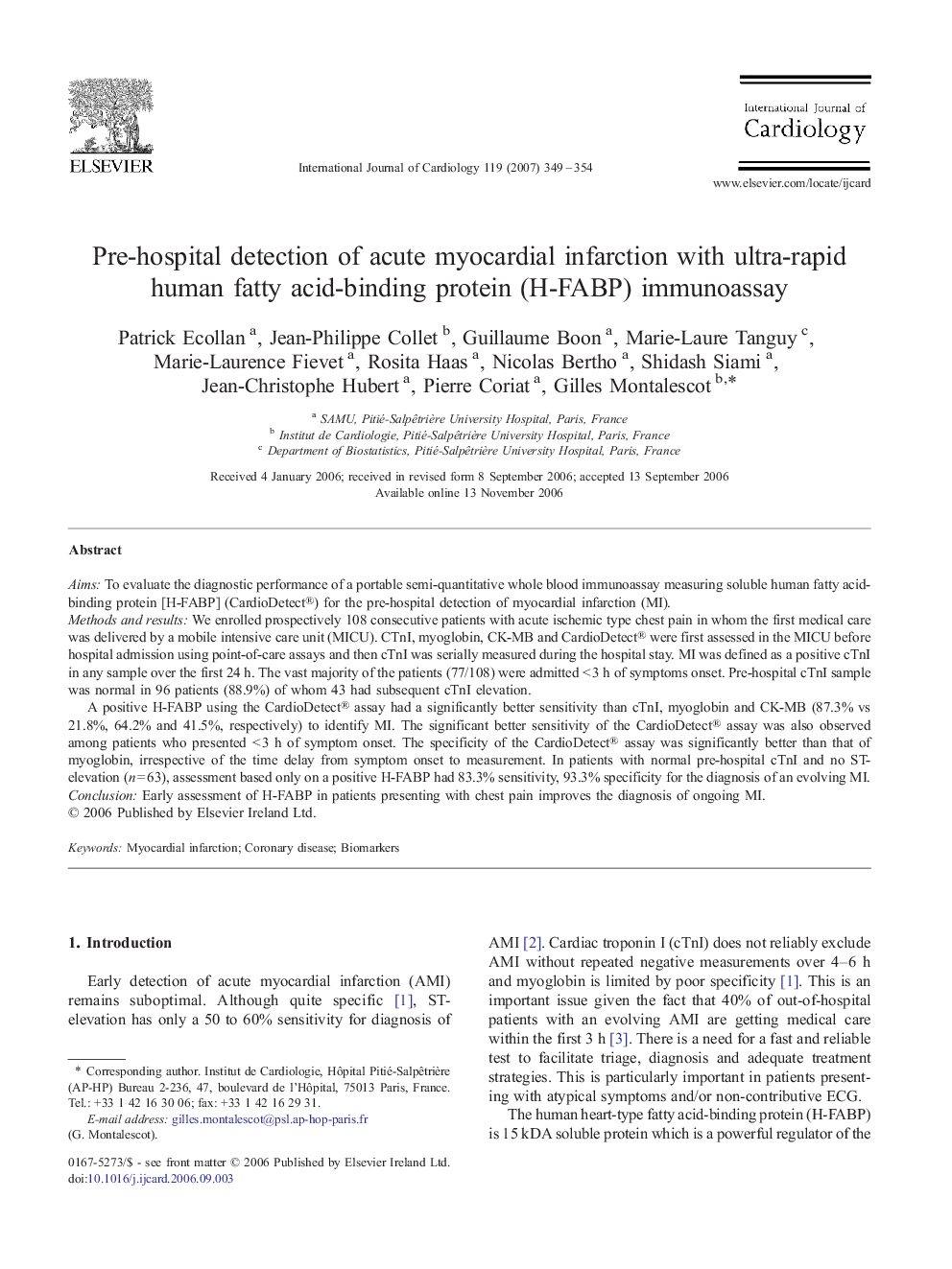 Pre-hospital detection of acute myocardial infarction with ultra-rapid human fatty acid-binding protein (H-FABP) immunoassay