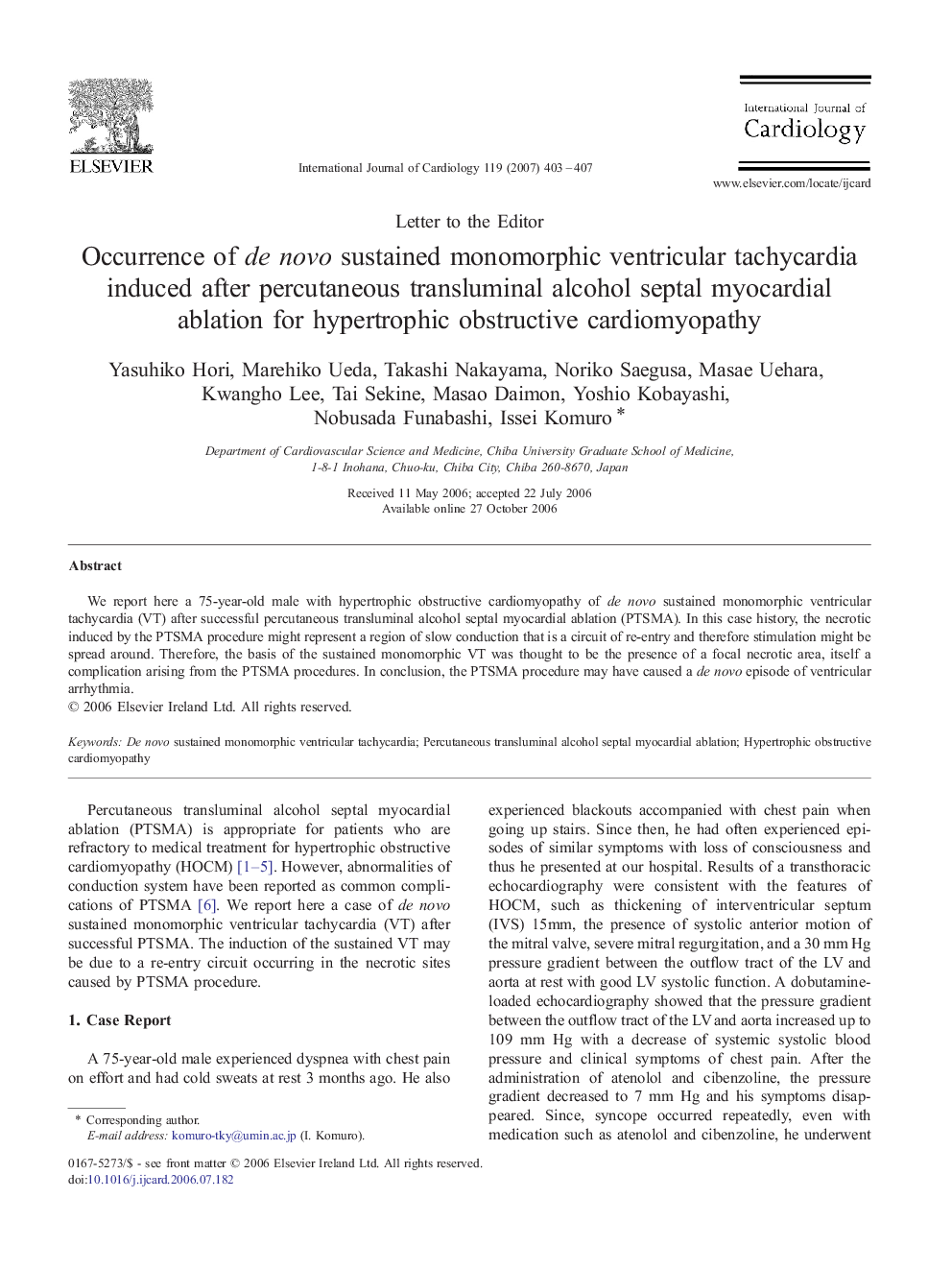 Occurrence of de novo sustained monomorphic ventricular tachycardia induced after percutaneous transluminal alcohol septal myocardial ablation for hypertrophic obstructive cardiomyopathy