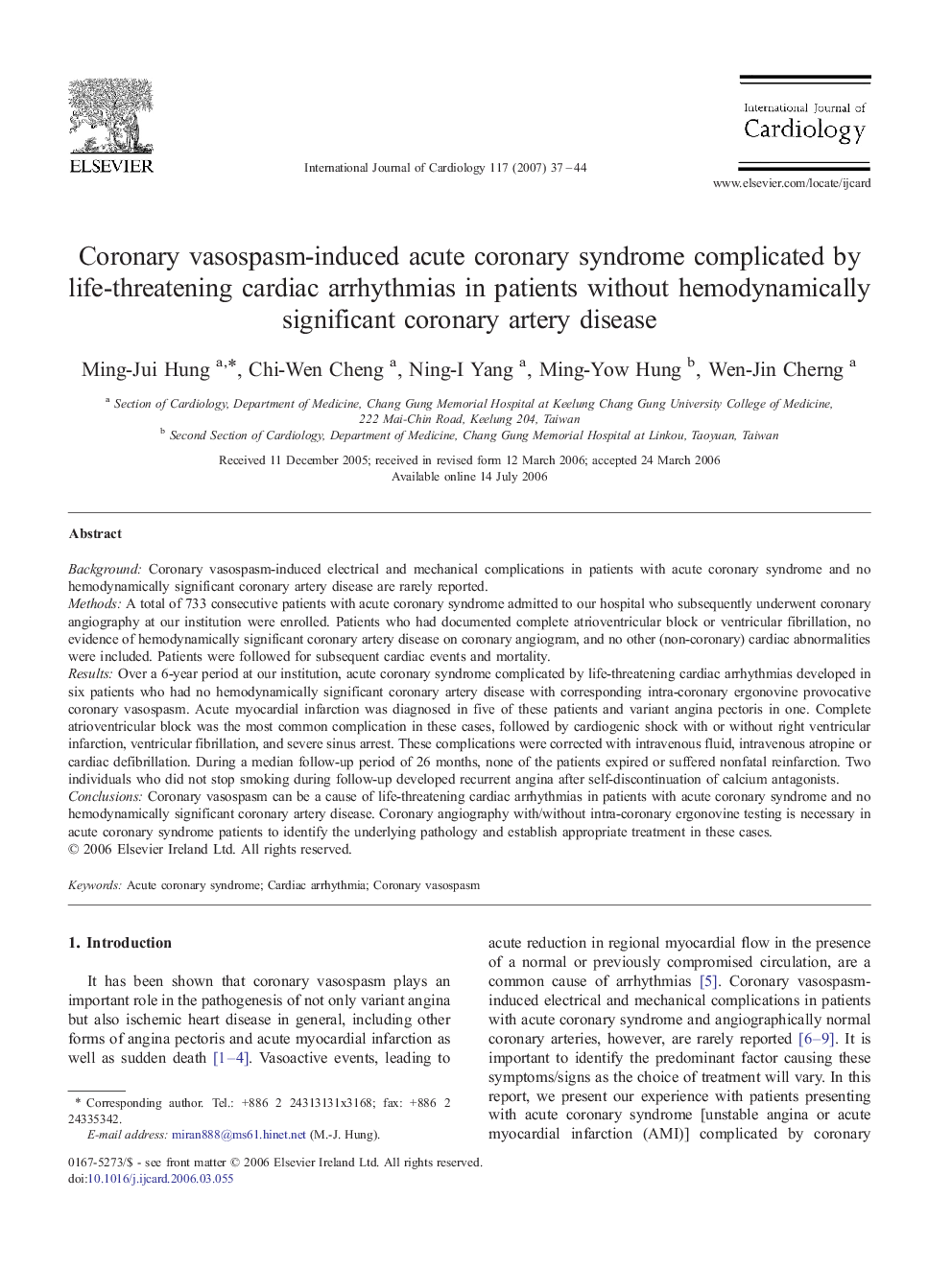 Coronary vasospasm-induced acute coronary syndrome complicated by life-threatening cardiac arrhythmias in patients without hemodynamically significant coronary artery disease