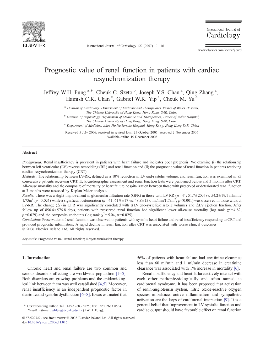 Prognostic value of renal function in patients with cardiac resynchronization therapy