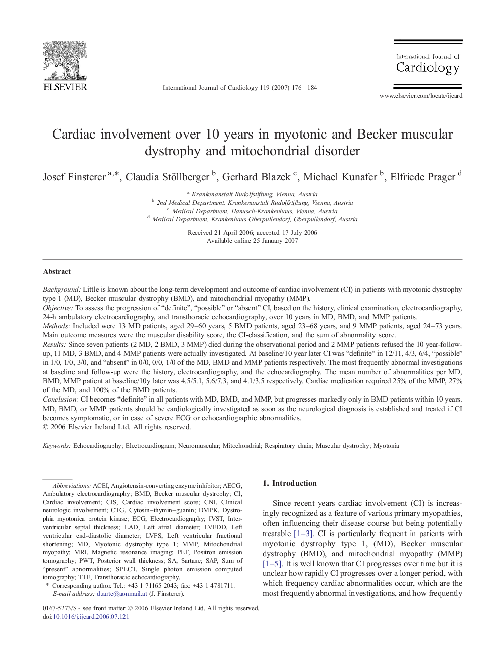 Cardiac involvement over 10 years in myotonic and Becker muscular dystrophy and mitochondrial disorder