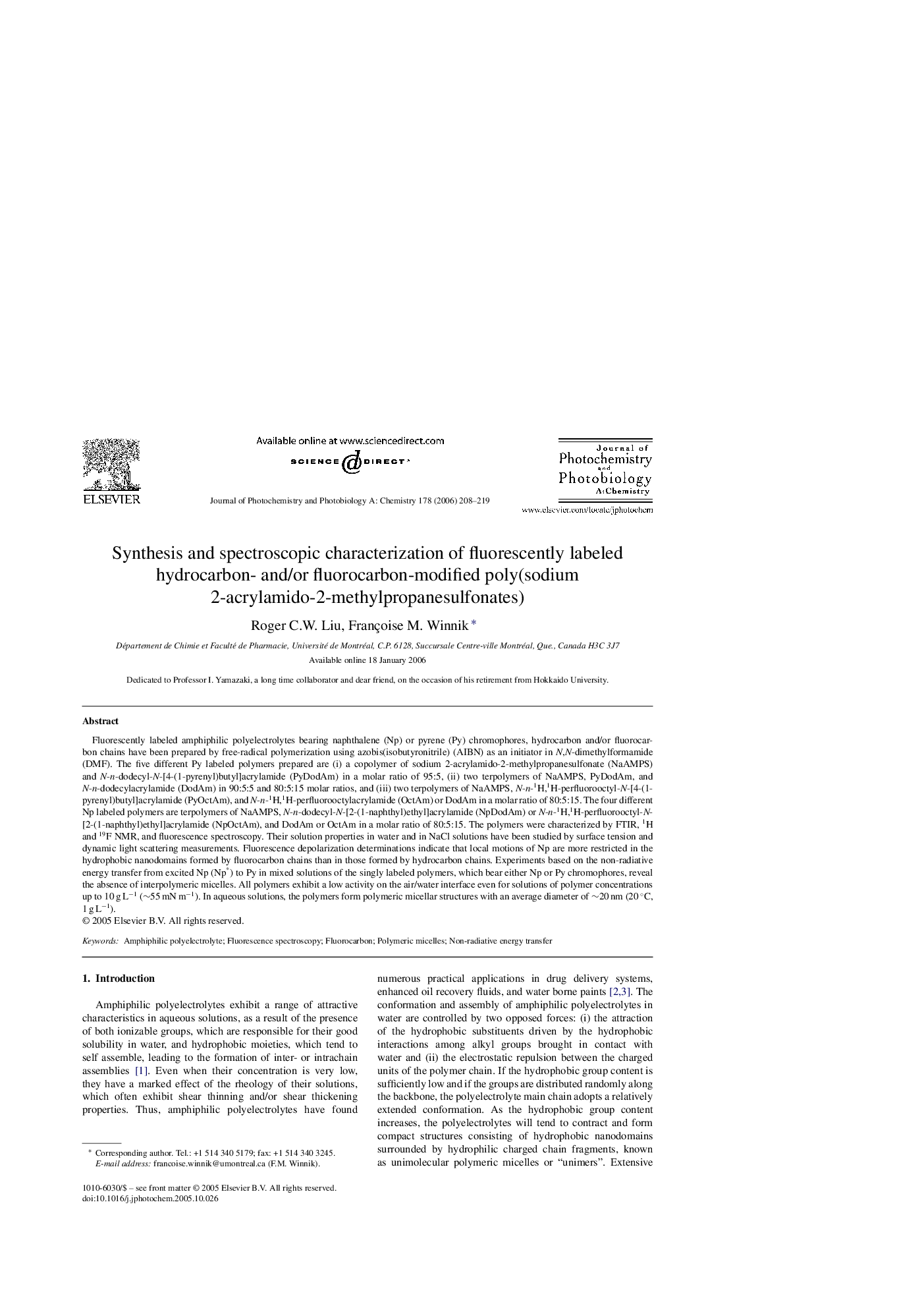 Synthesis and spectroscopic characterization of fluorescently labeled hydrocarbon- and/or fluorocarbon-modified poly(sodium 2-acrylamido-2-methylpropanesulfonates)