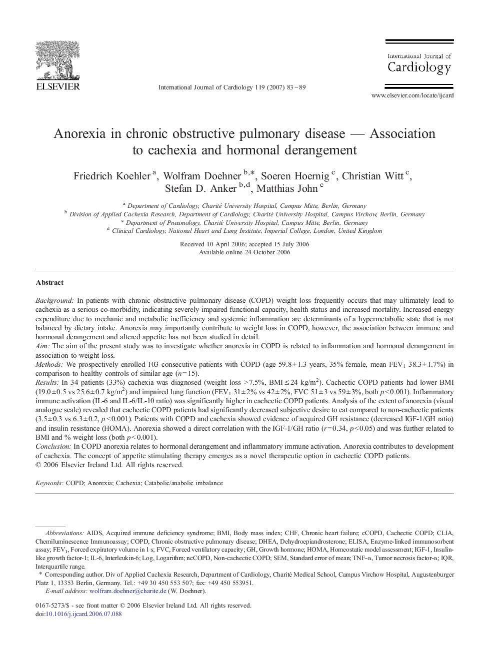 Anorexia in chronic obstructive pulmonary disease — Association to cachexia and hormonal derangement