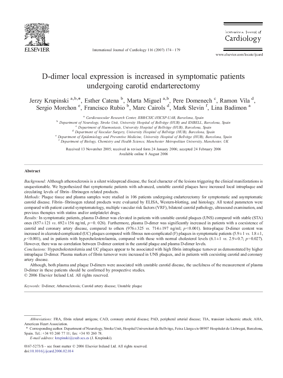 D-dimer local expression is increased in symptomatic patients undergoing carotid endarterectomy