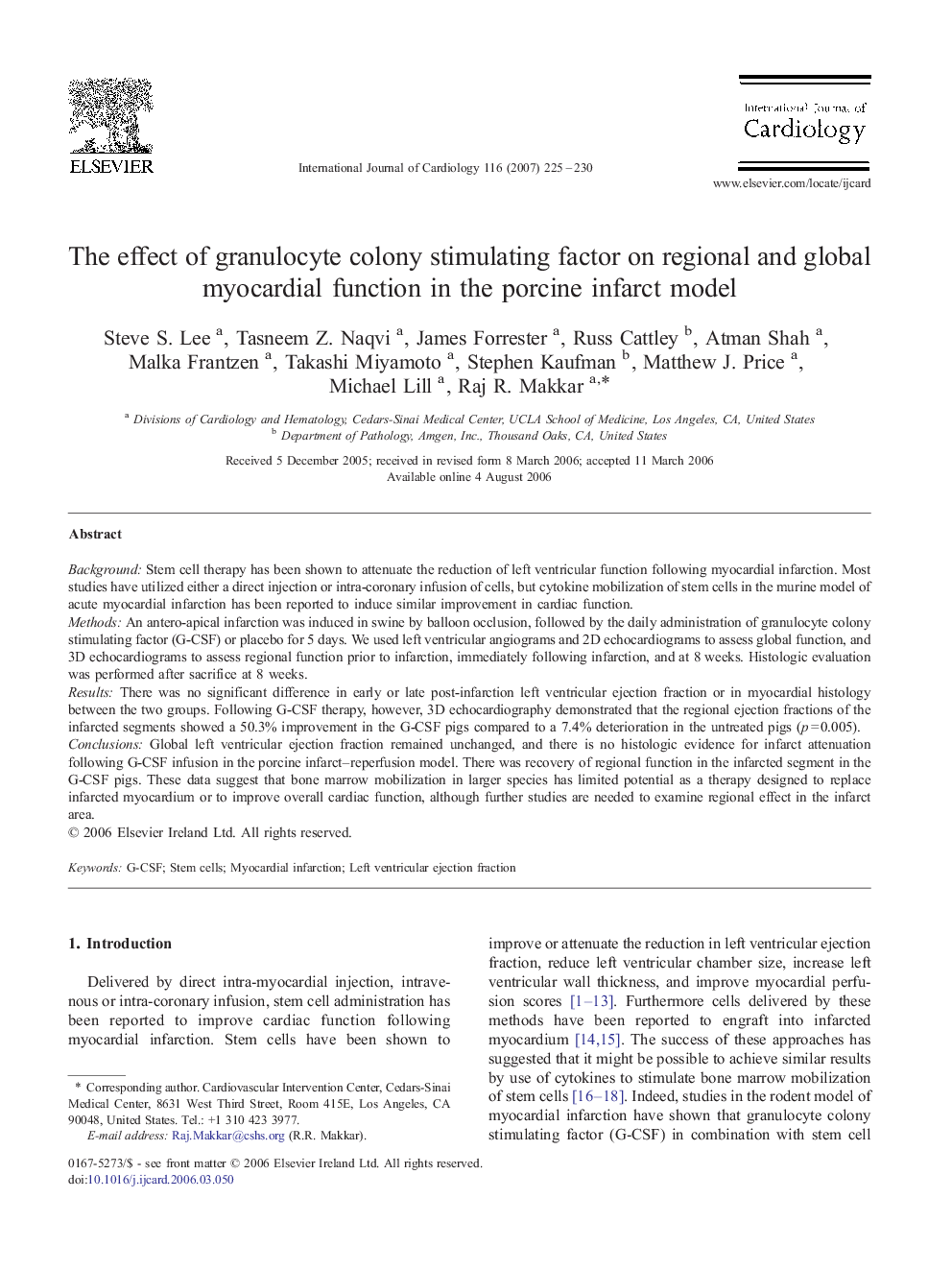 The effect of granulocyte colony stimulating factor on regional and global myocardial function in the porcine infarct model