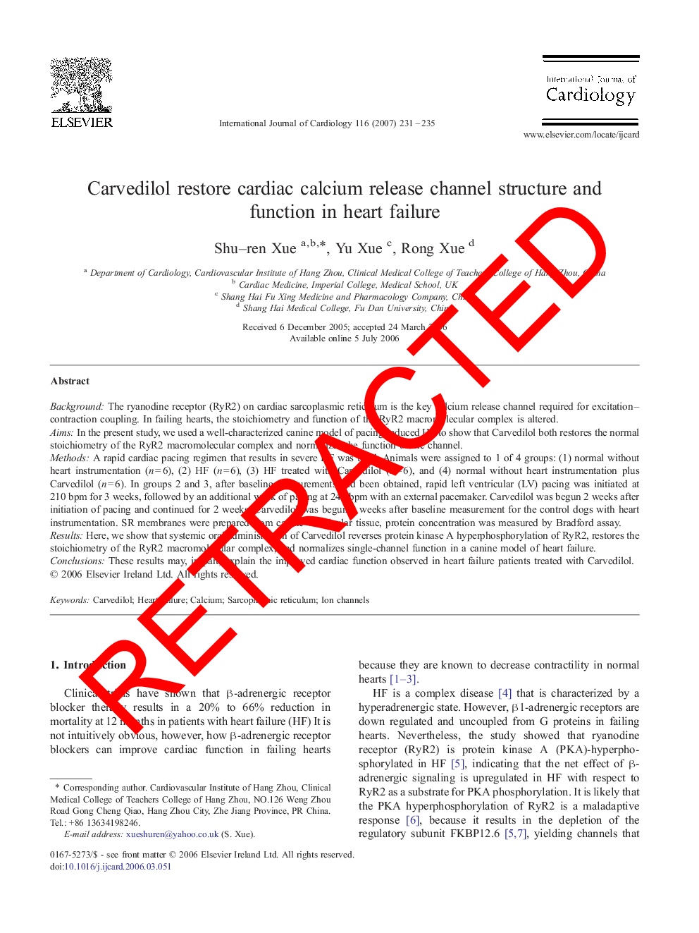 RETRACTED: Carvedilol restore cardiac calcium release channel structure and function in heart failure