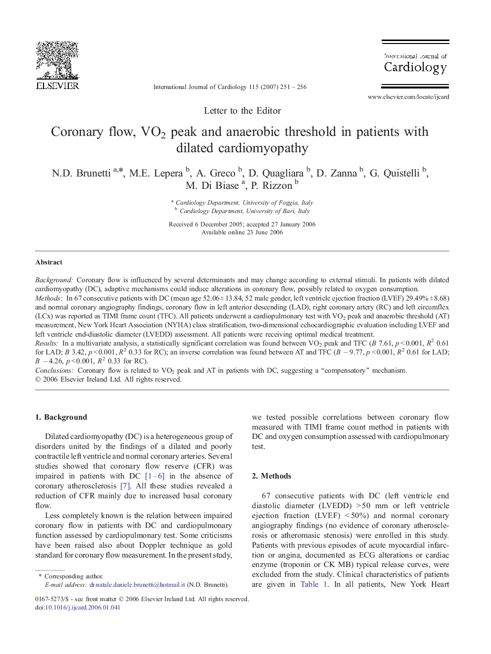 عکس صفحه اول مقاله: Coronary flow, VO2 peak and anaerobic threshold in patients with dilated cardiomyopathy Coronary flow, VO2 peak and anaerobic threshold in patients with dilated cardiomyopathy