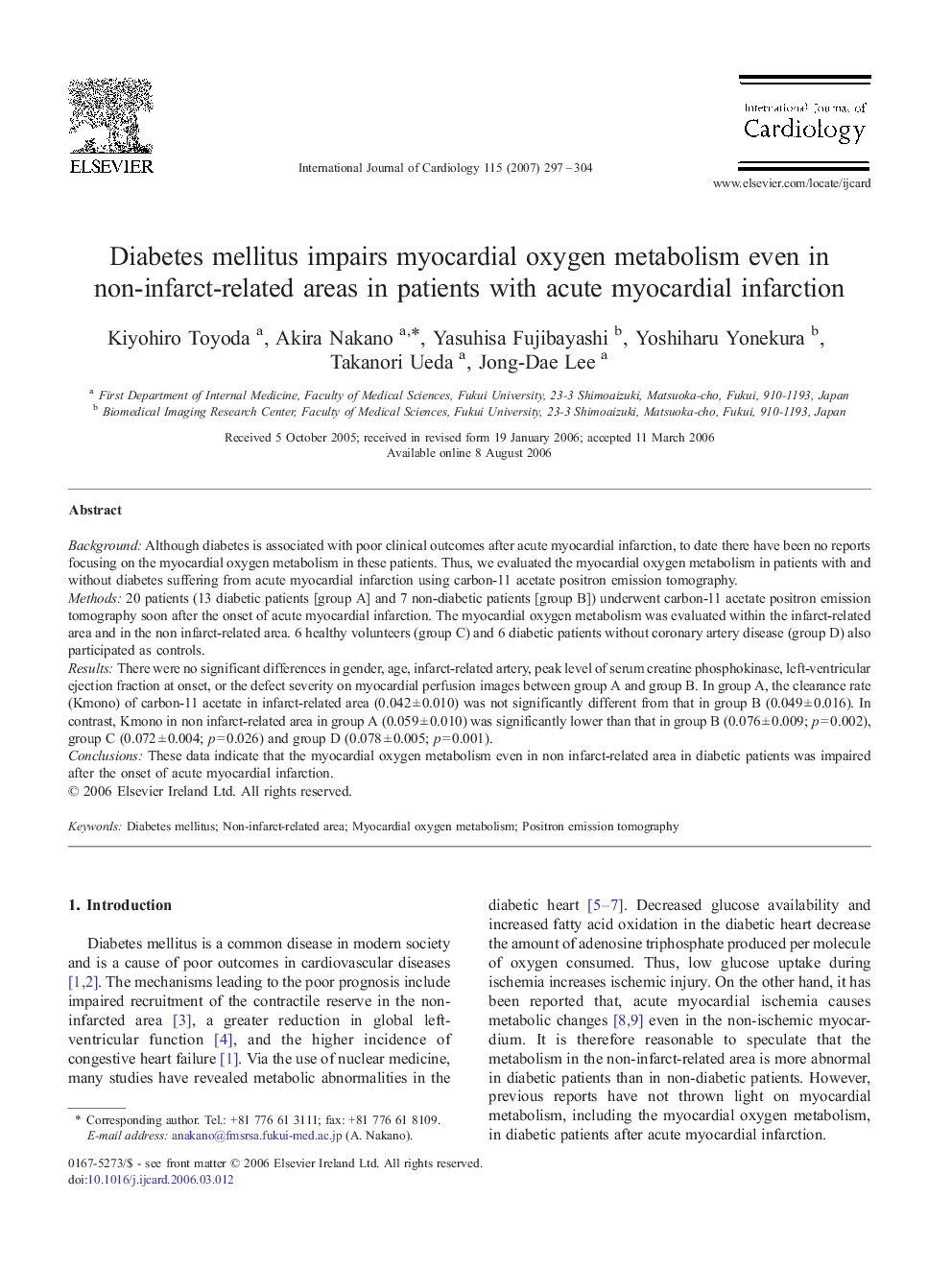 Diabetes mellitus impairs myocardial oxygen metabolism even in non-infarct-related areas in patients with acute myocardial infarction