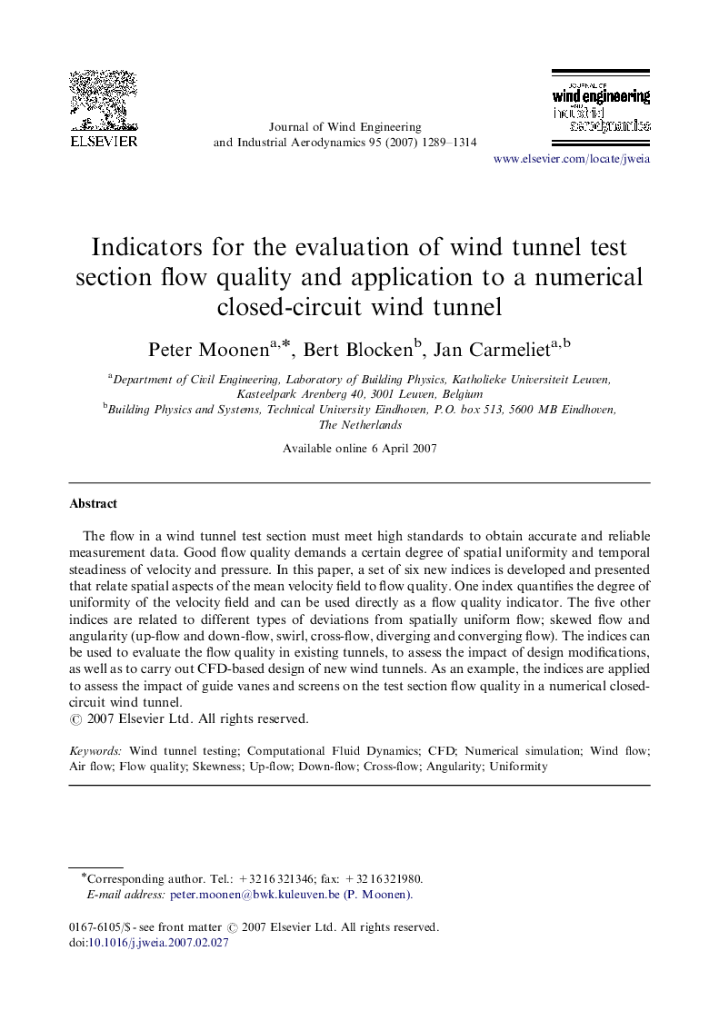 Indicators for the evaluation of wind tunnel test section flow quality and application to a numerical closed-circuit wind tunnel
