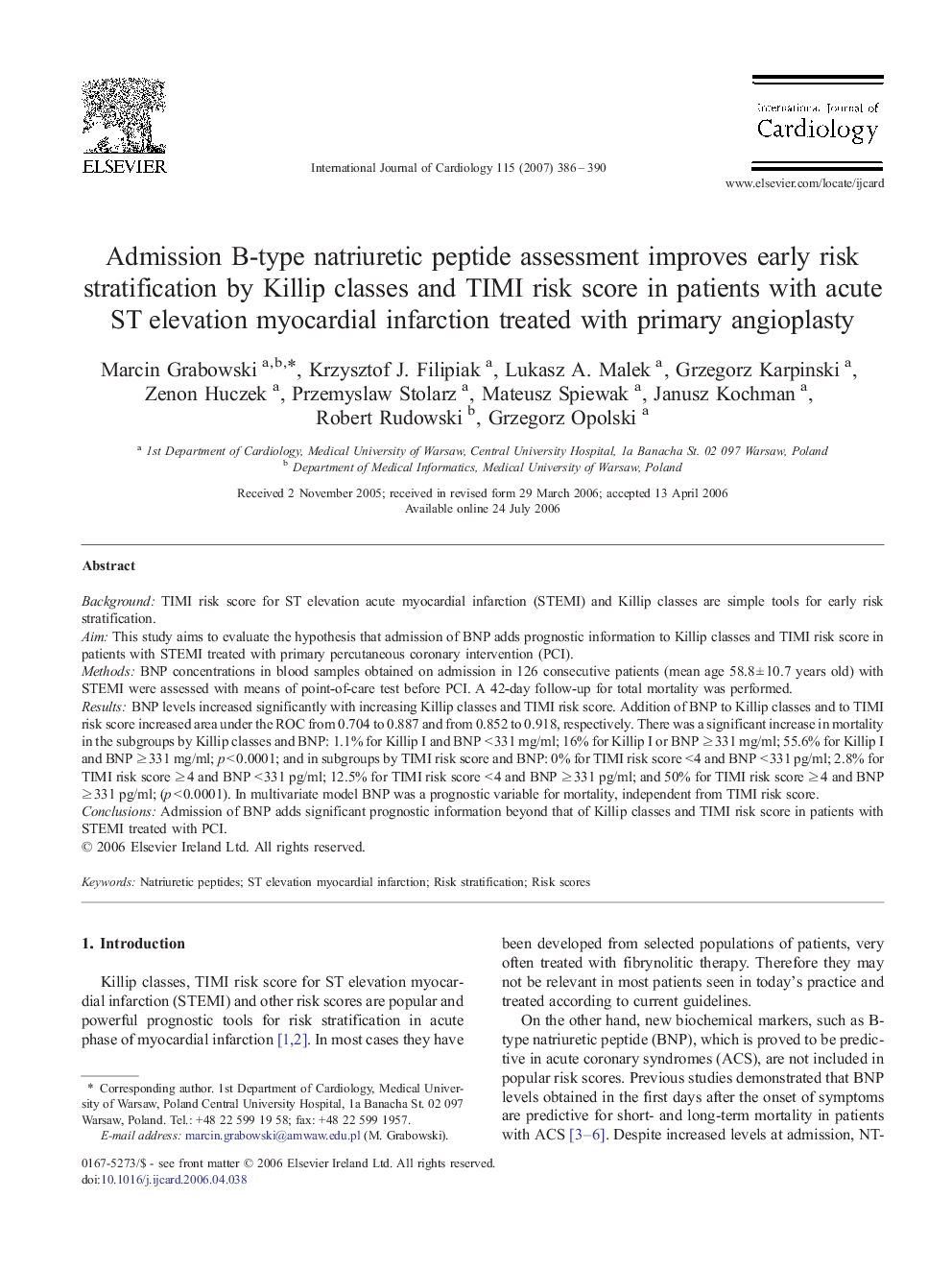 Admission B-type natriuretic peptide assessment improves early risk stratification by Killip classes and TIMI risk score in patients with acute ST elevation myocardial infarction treated with primary angioplasty