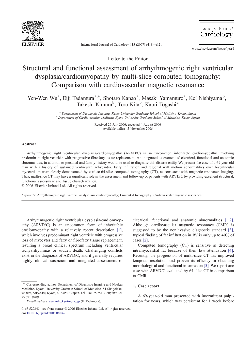 Structural and functional assessment of arrhythmogenic right ventricular dysplasia/cardiomyopathy by multi-slice computed tomography: Comparison with cardiovascular magnetic resonance