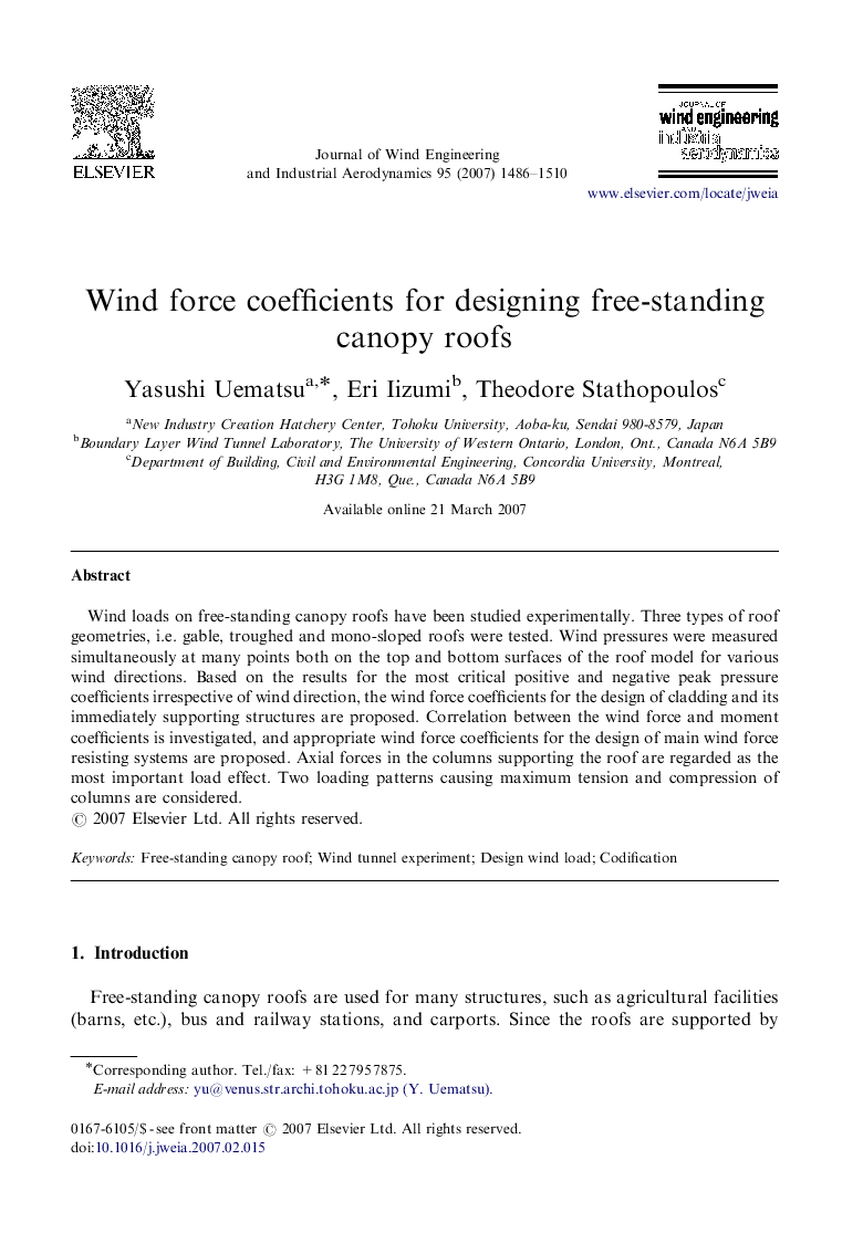 Wind force coefficients for designing free-standing canopy roofs