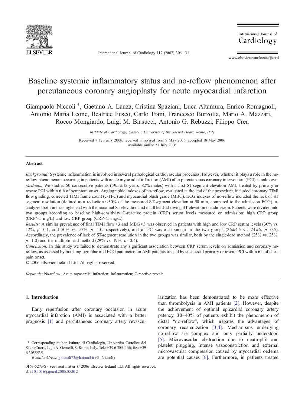 Baseline systemic inflammatory status and no-reflow phenomenon after percutaneous coronary angioplasty for acute myocardial infarction