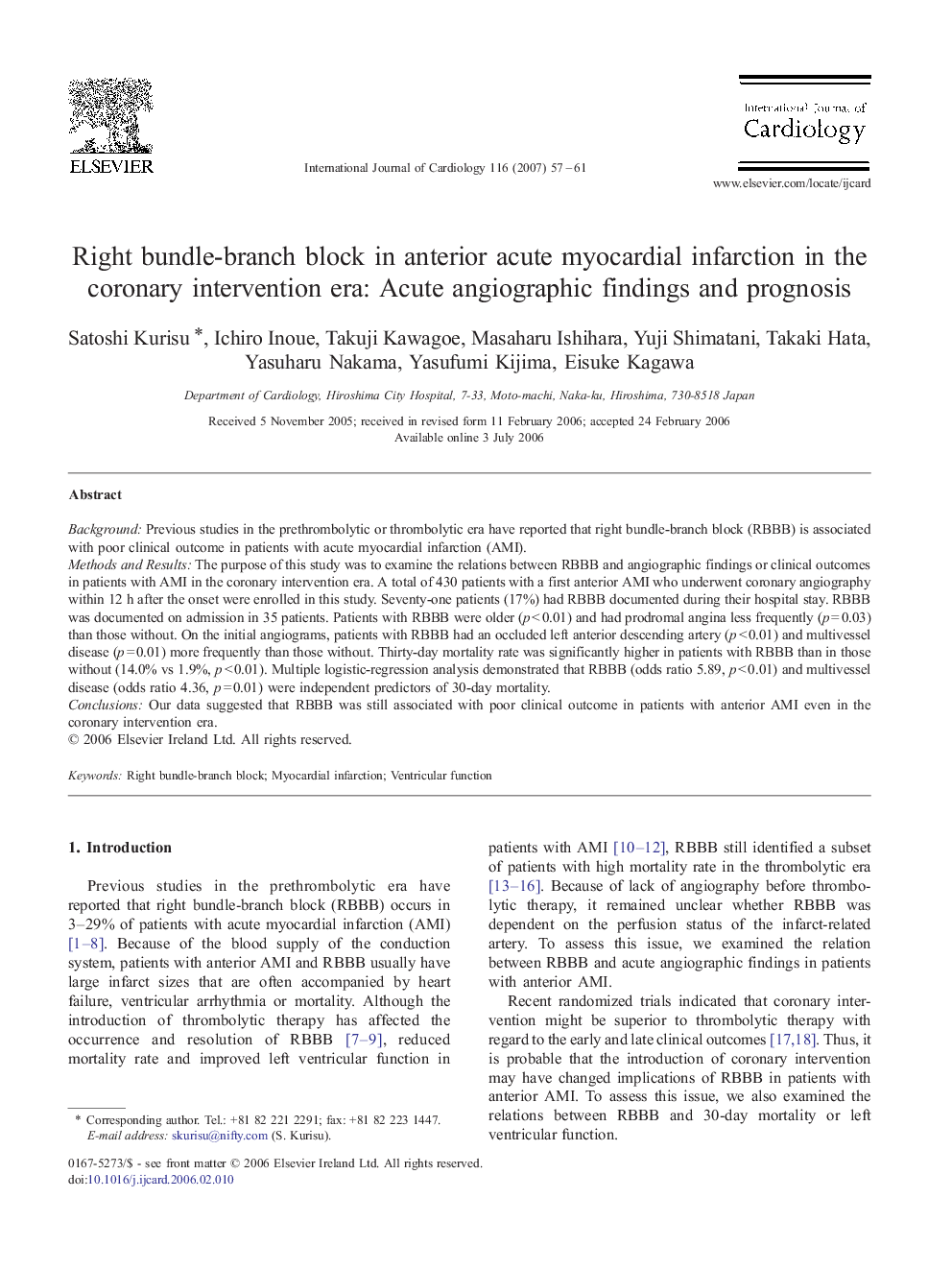 Right bundle-branch block in anterior acute myocardial infarction in the coronary intervention era: Acute angiographic findings and prognosis