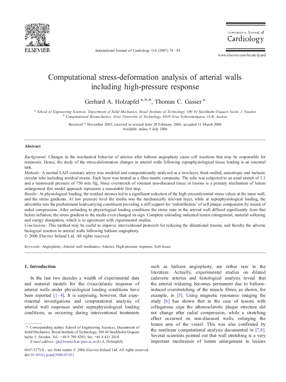 Computational stress-deformation analysis of arterial walls including high-pressure response