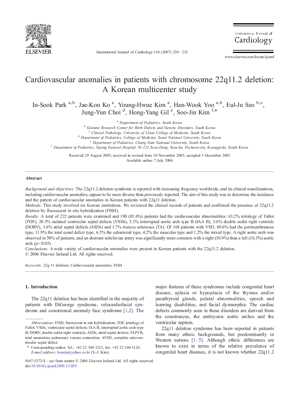 Cardiovascular anomalies in patients with chromosome 22q11.2 deletion: A Korean multicenter study