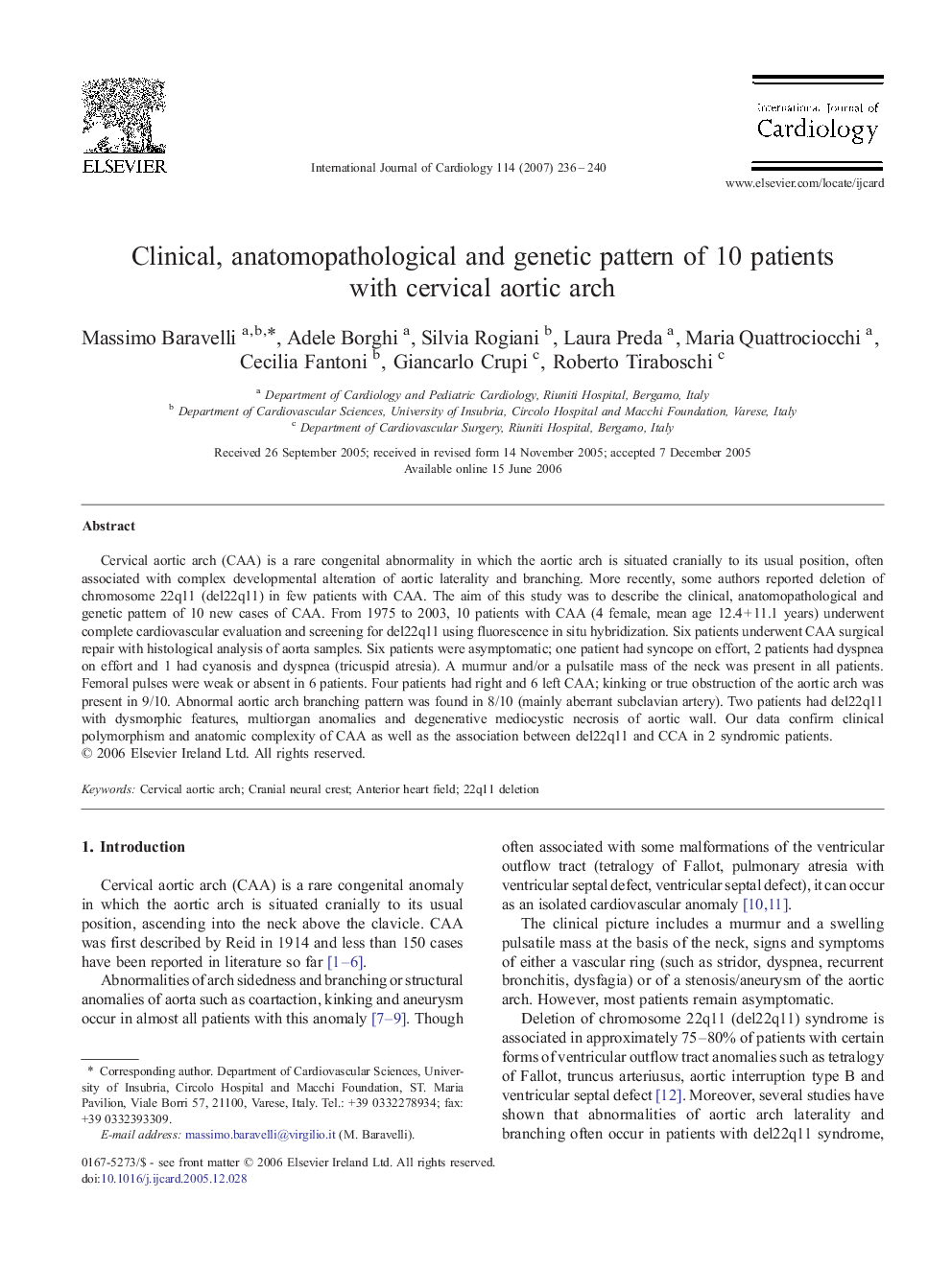 Clinical, anatomopathological and genetic pattern of 10 patients with cervical aortic arch