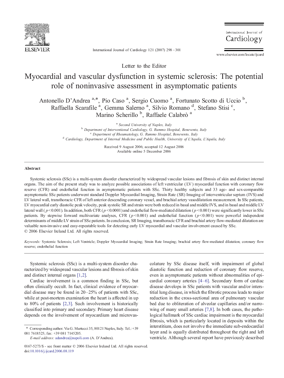 Myocardial and vascular dysfunction in systemic sclerosis: The potential role of noninvasive assessment in asymptomatic patients