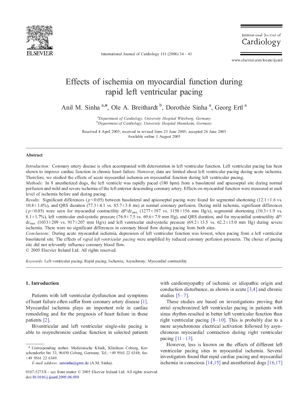 Effects of ischemia on myocardial function during rapid left ventricular pacing