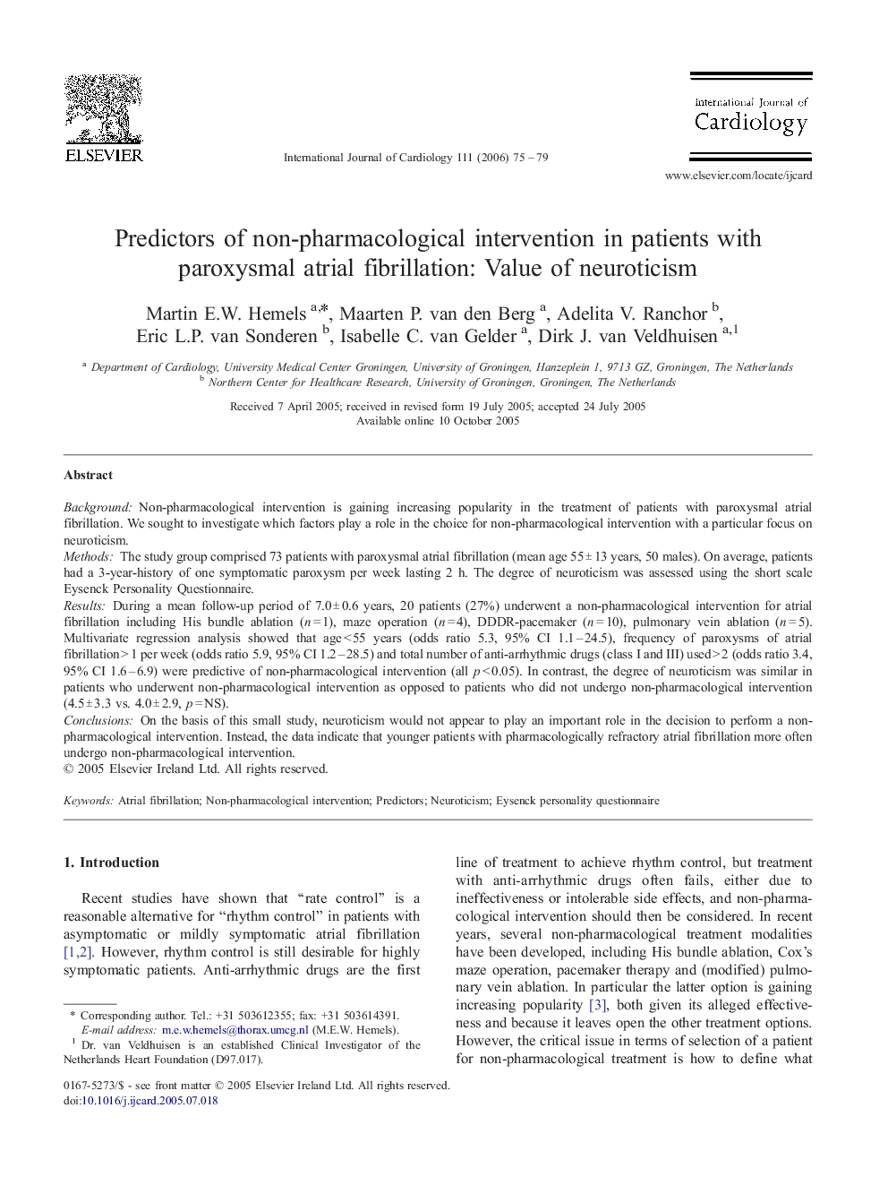 Predictors of non-pharmacological intervention in patients with paroxysmal atrial fibrillation: Value of neuroticism