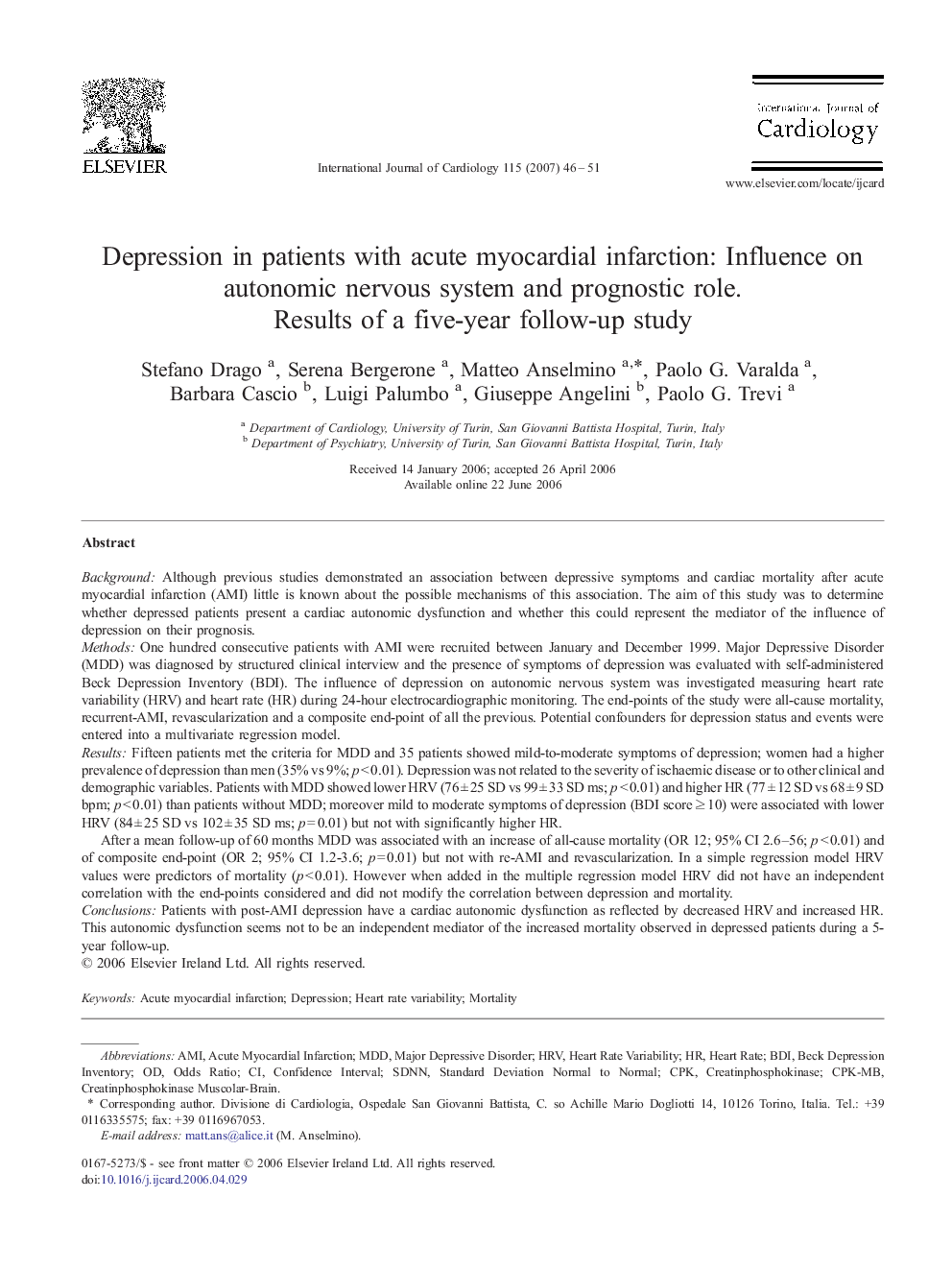 Depression in patients with acute myocardial infarction: Influence on autonomic nervous system and prognostic role. Results of a five-year follow-up study