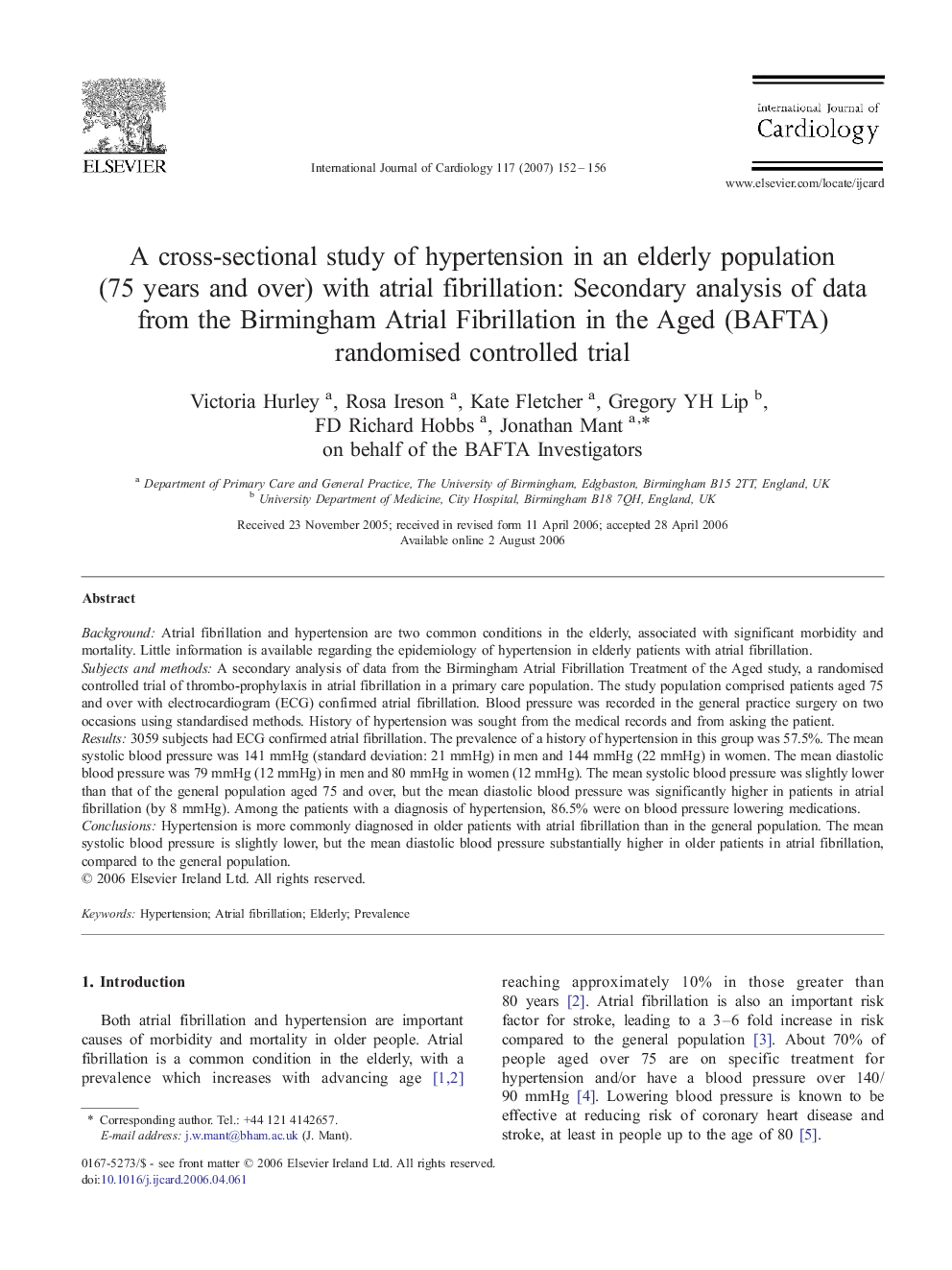 A cross-sectional study of hypertension in an elderly population (75 years and over) with atrial fibrillation: Secondary analysis of data from the Birmingham Atrial Fibrillation in the Aged (BAFTA) randomised controlled trial