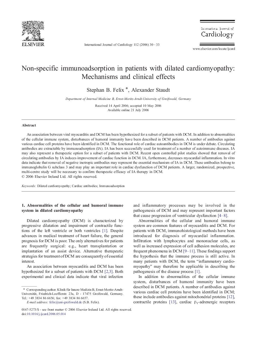 Non-specific immunoadsorption in patients with dilated cardiomyopathy: Mechanisms and clinical effects