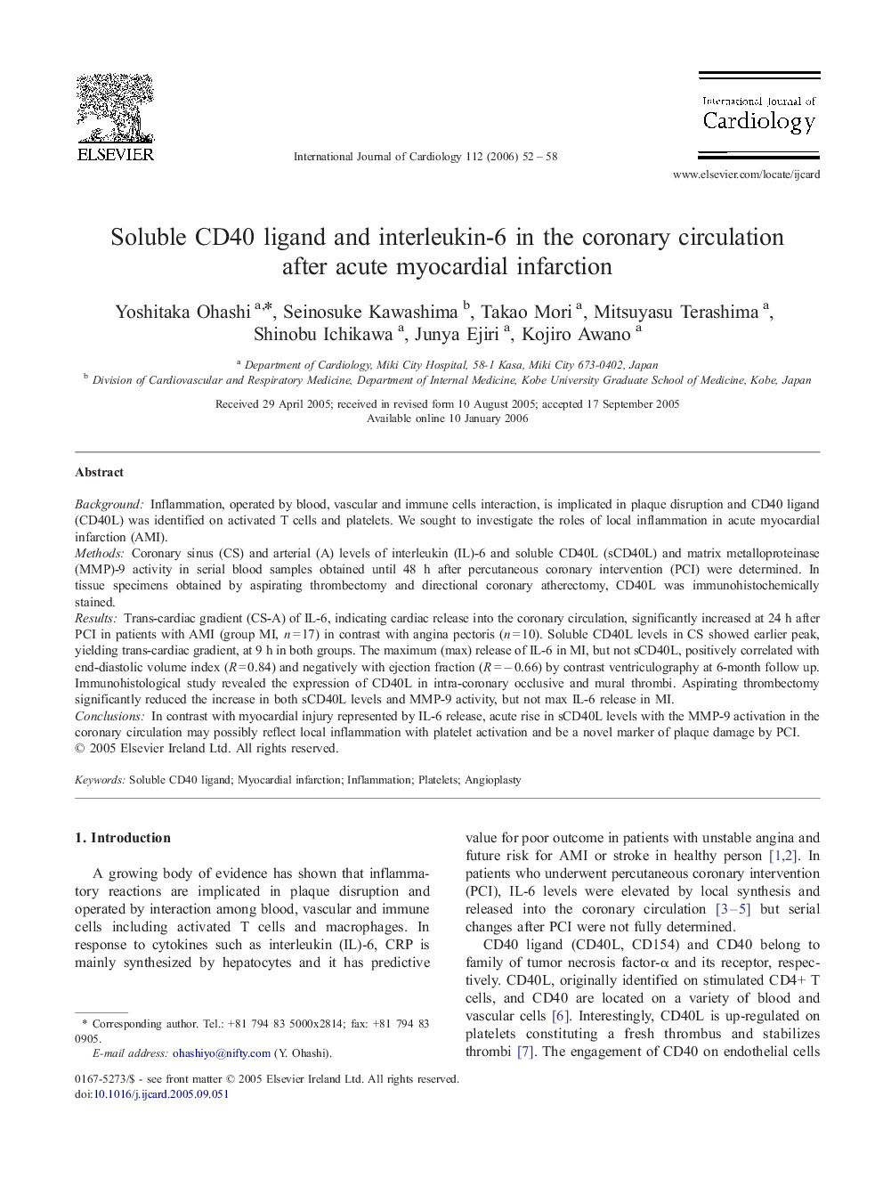 Soluble CD40 ligand and interleukin-6 in the coronary circulation after acute myocardial infarction