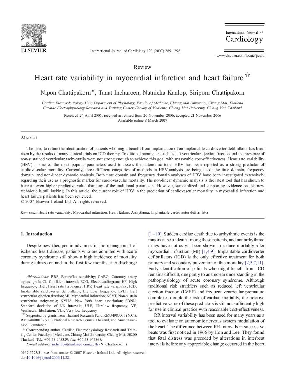 Heart rate variability in myocardial infarction and heart failure 