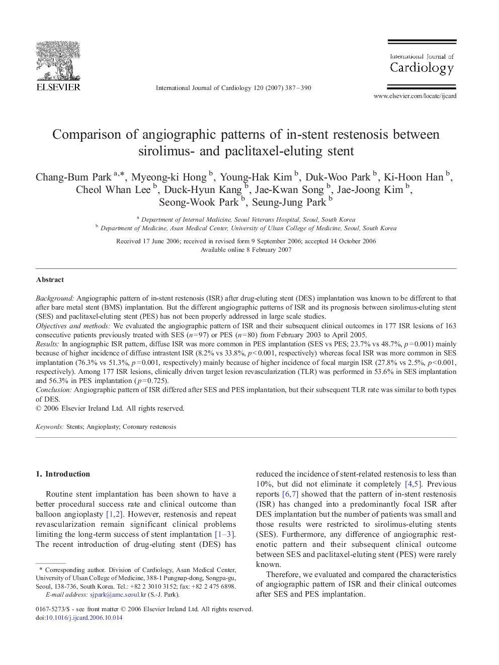 Comparison of angiographic patterns of in-stent restenosis between sirolimus- and paclitaxel-eluting stent