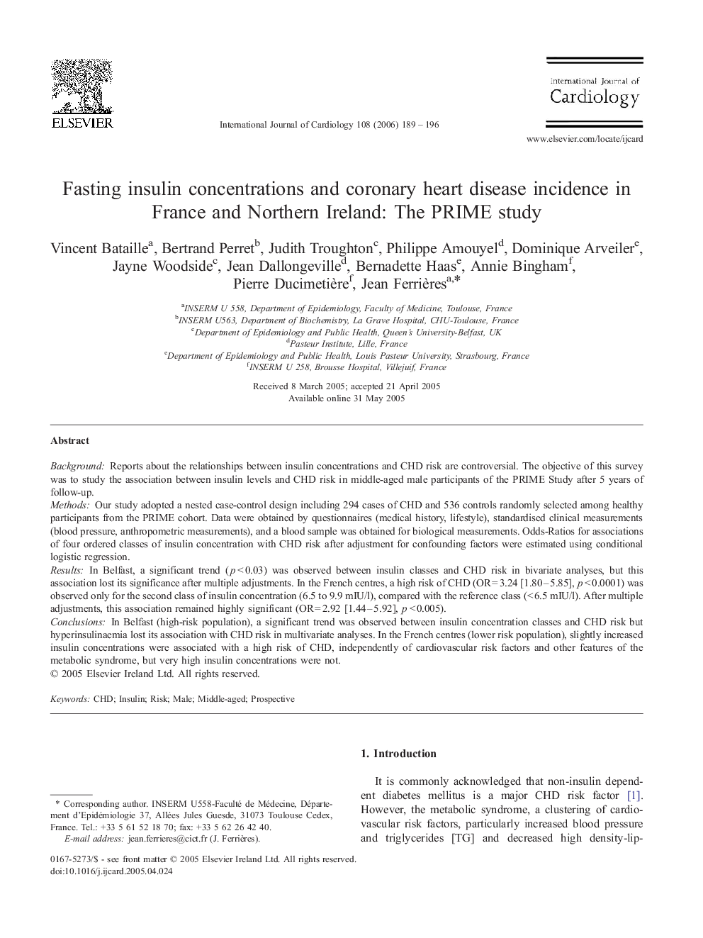 Fasting insulin concentrations and coronary heart disease incidence in France and Northern Ireland: The PRIME study