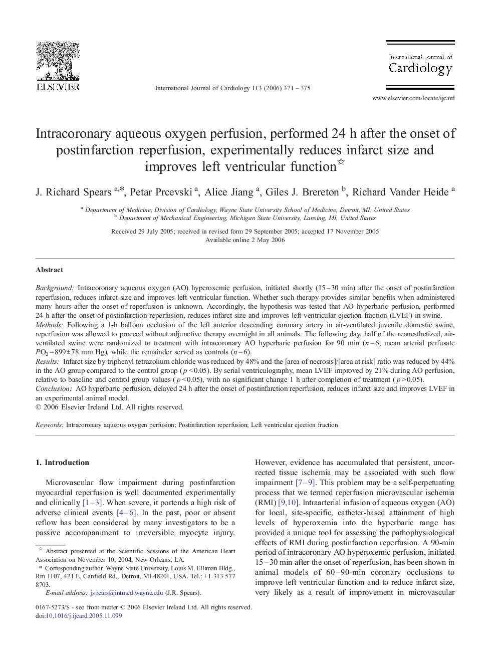 Intracoronary aqueous oxygen perfusion, performed 24 h after the onset of postinfarction reperfusion, experimentally reduces infarct size and improves left ventricular function 