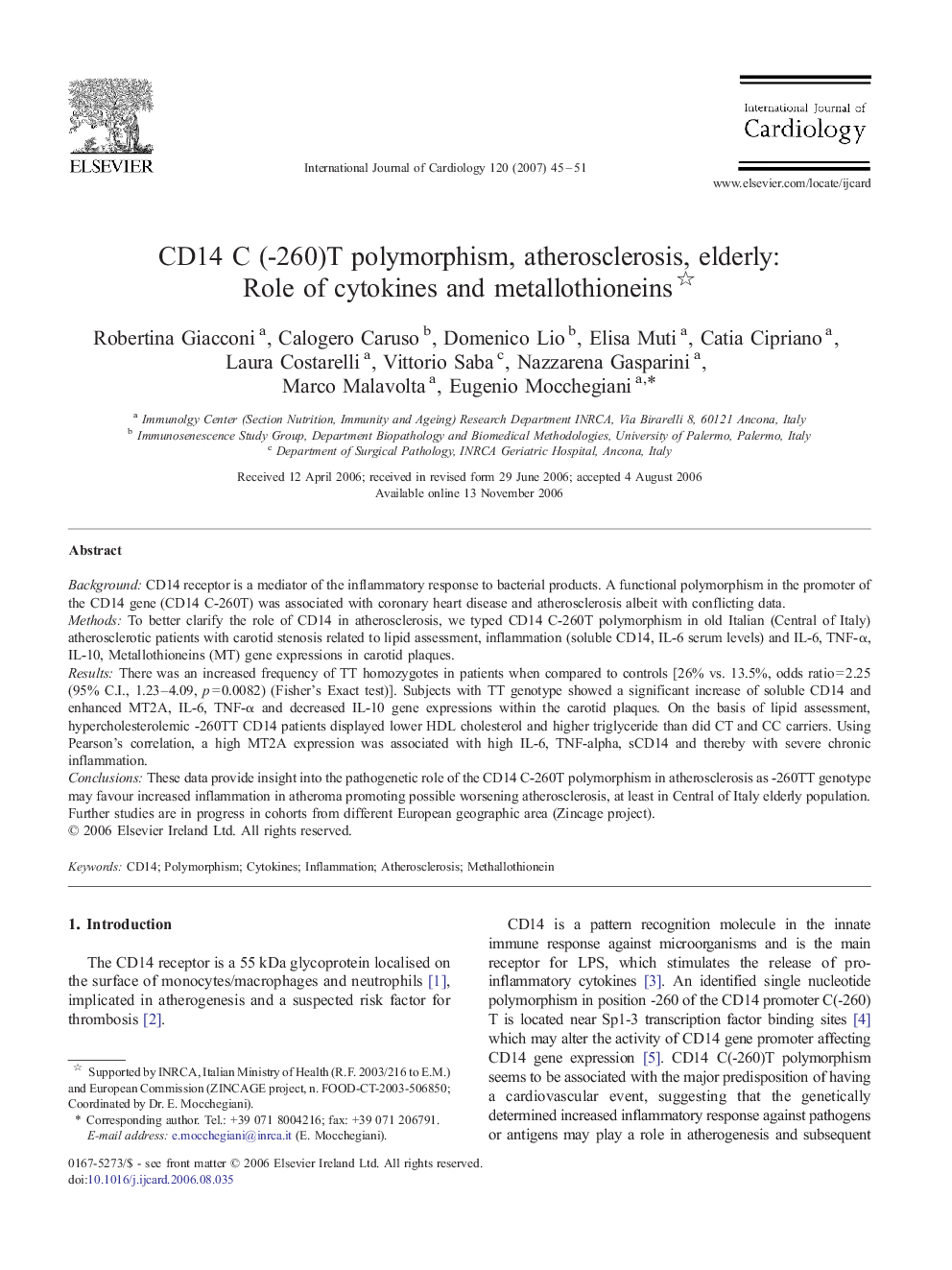 CD14 C (-260)T polymorphism, atherosclerosis, elderly: Role of cytokines and metallothioneins 