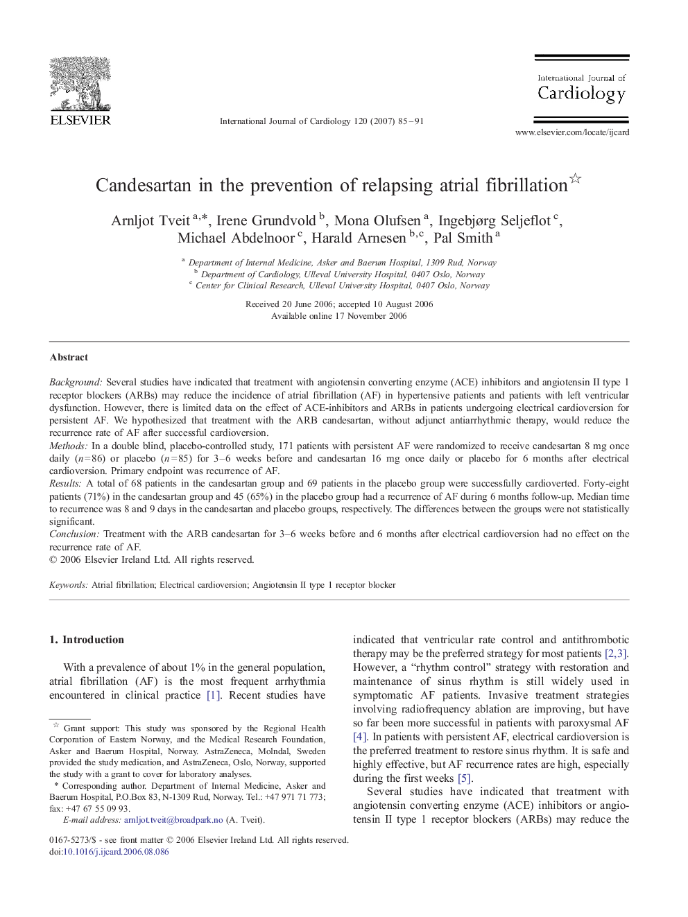 Candesartan in the prevention of relapsing atrial fibrillation 