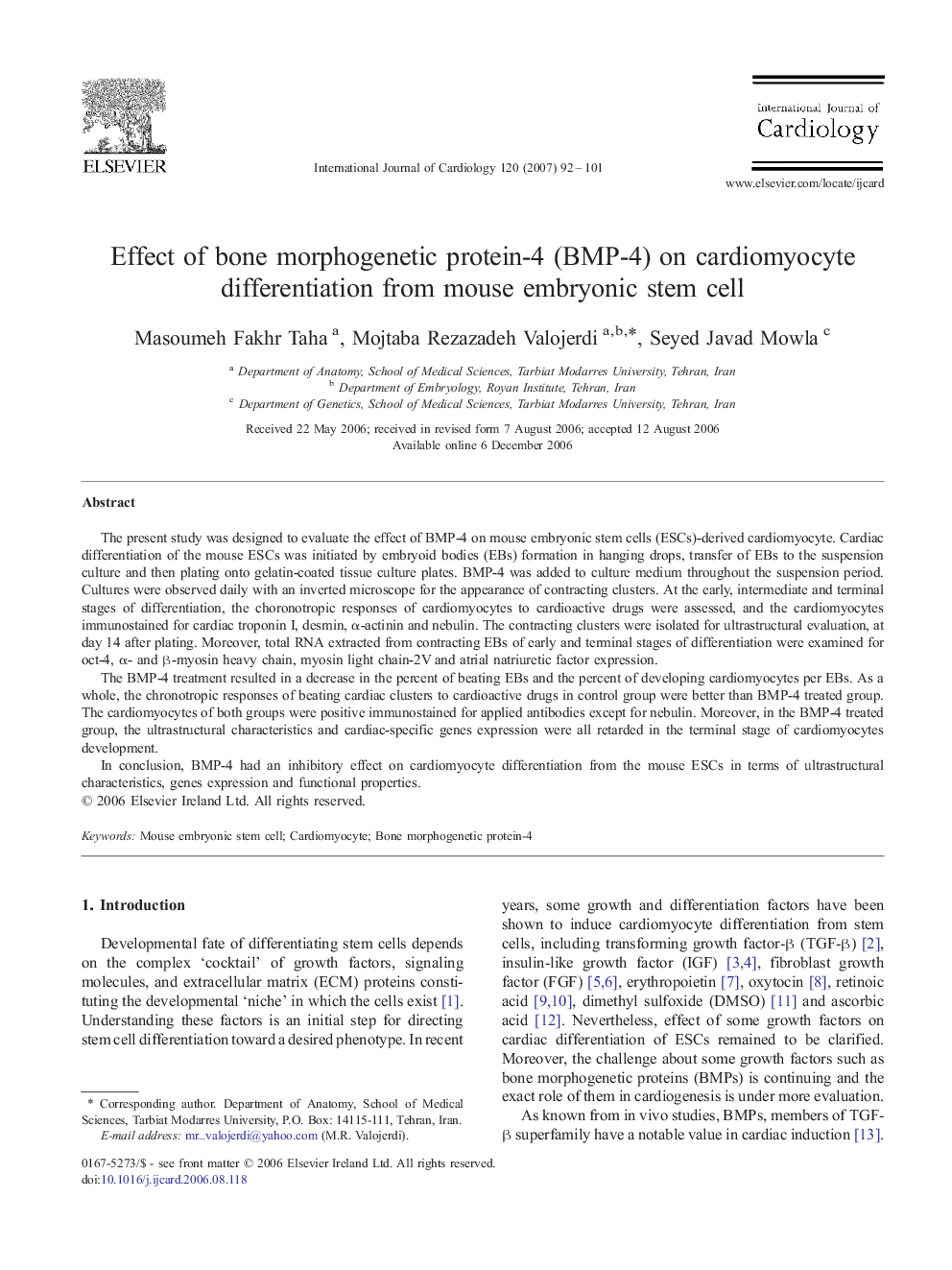 Effect of bone morphogenetic protein-4 (BMP-4) on cardiomyocyte differentiation from mouse embryonic stem cell