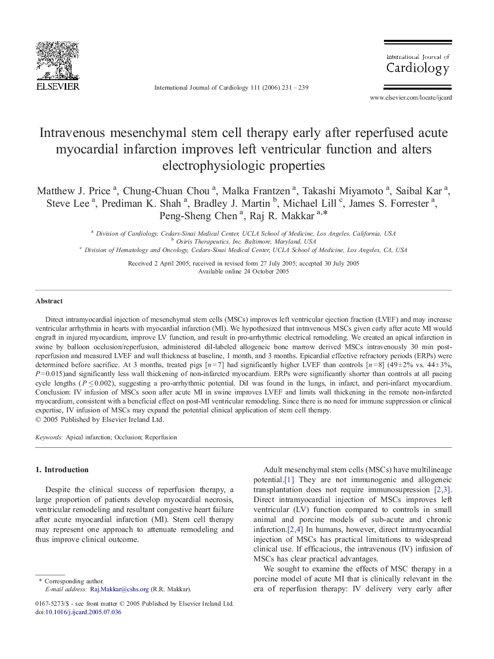 Intravenous mesenchymal stem cell therapy early after reperfused acute myocardial infarction improves left ventricular function and alters electrophysiologic properties