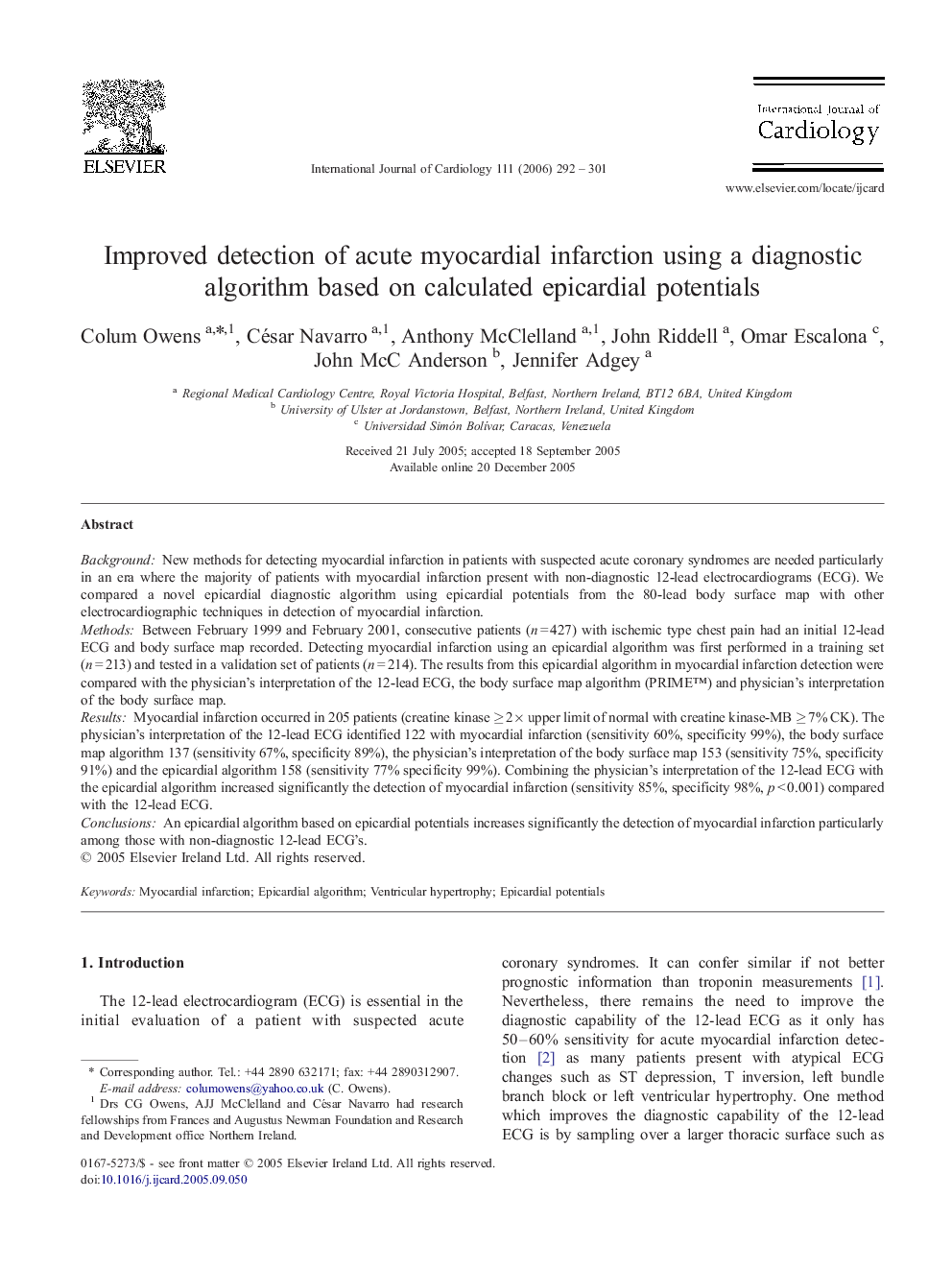 Improved detection of acute myocardial infarction using a diagnostic algorithm based on calculated epicardial potentials