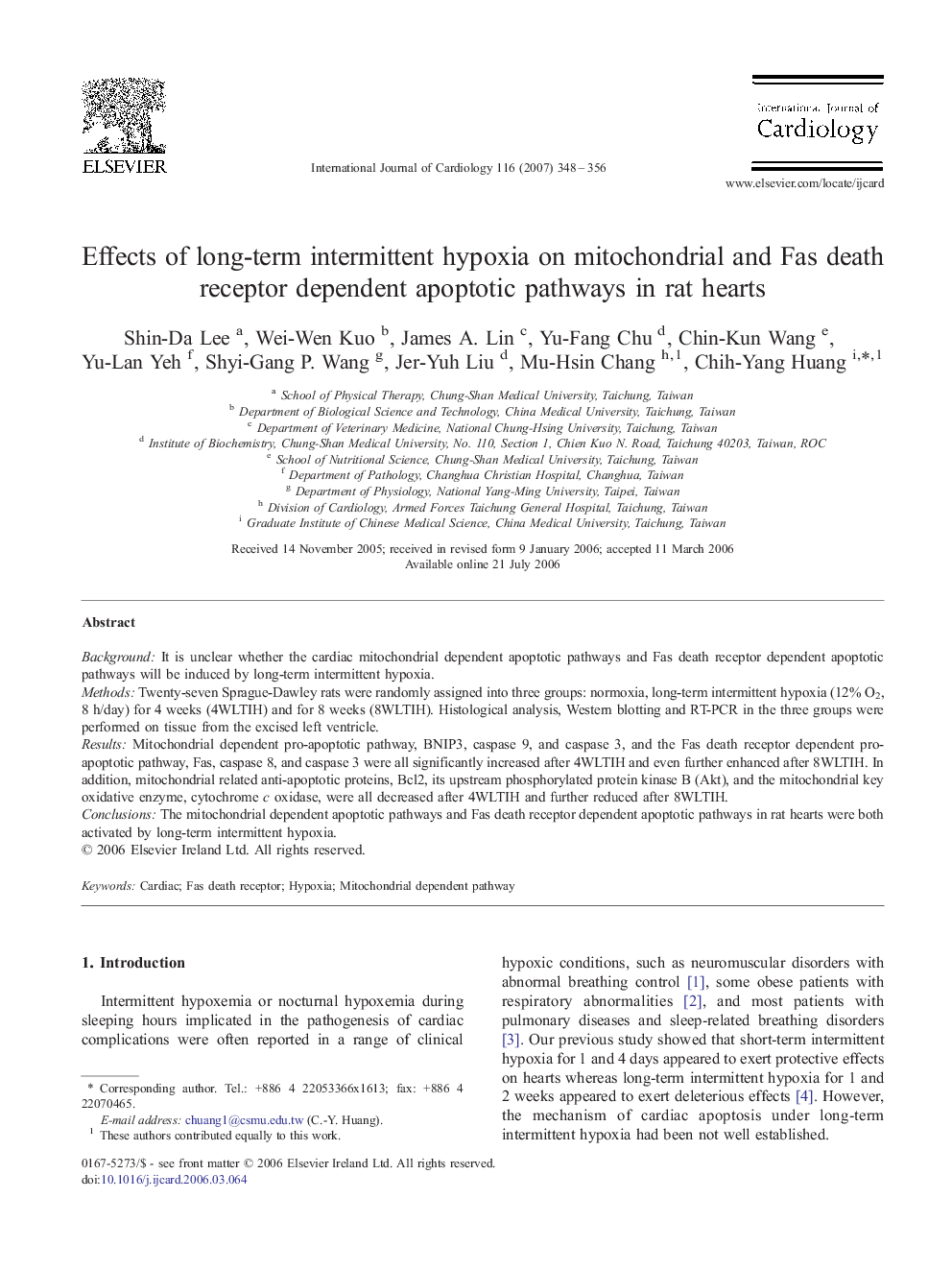 Effects of long-term intermittent hypoxia on mitochondrial and Fas death receptor dependent apoptotic pathways in rat hearts